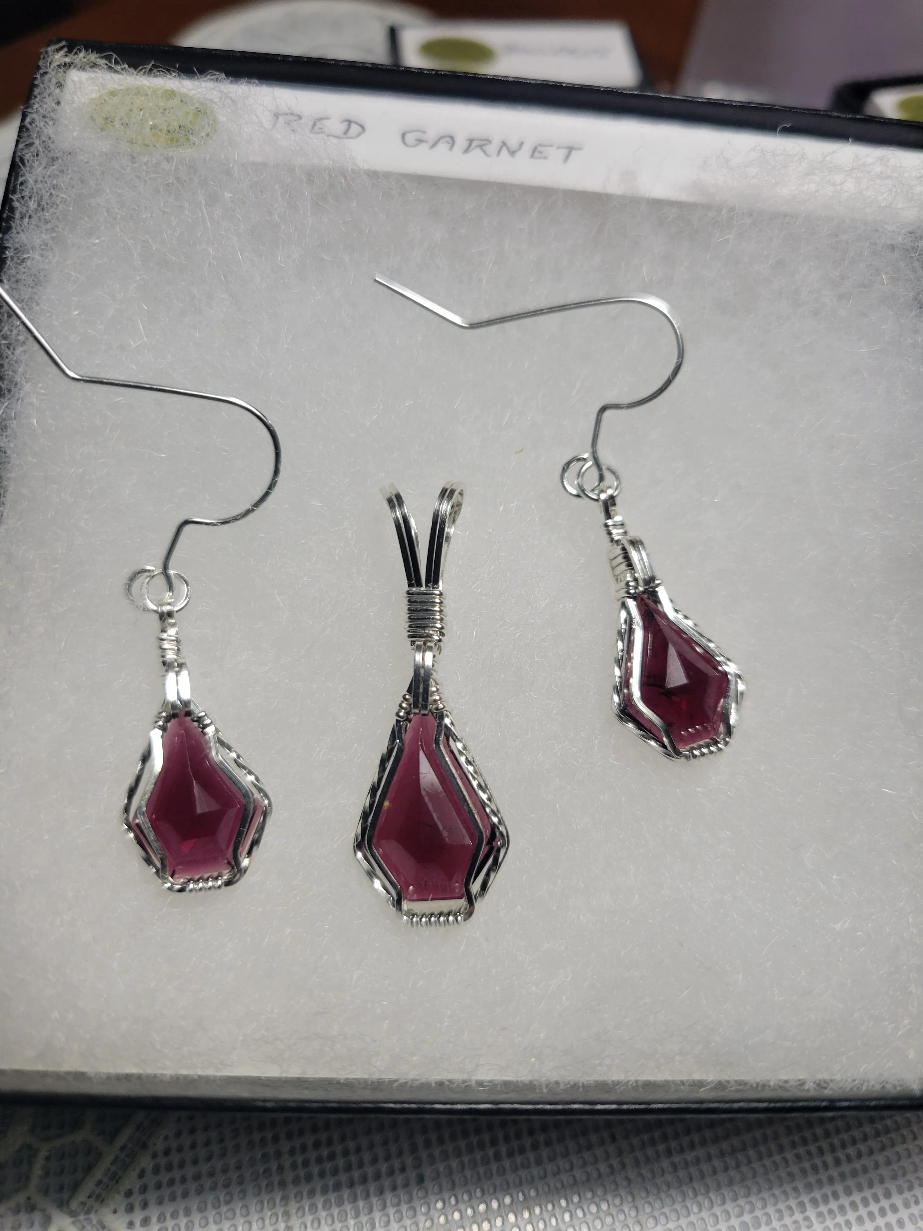 Custom Wire Wrapped Faceted Red Garnet Set: Necklace/Pendant & Earrings Sterling Silver