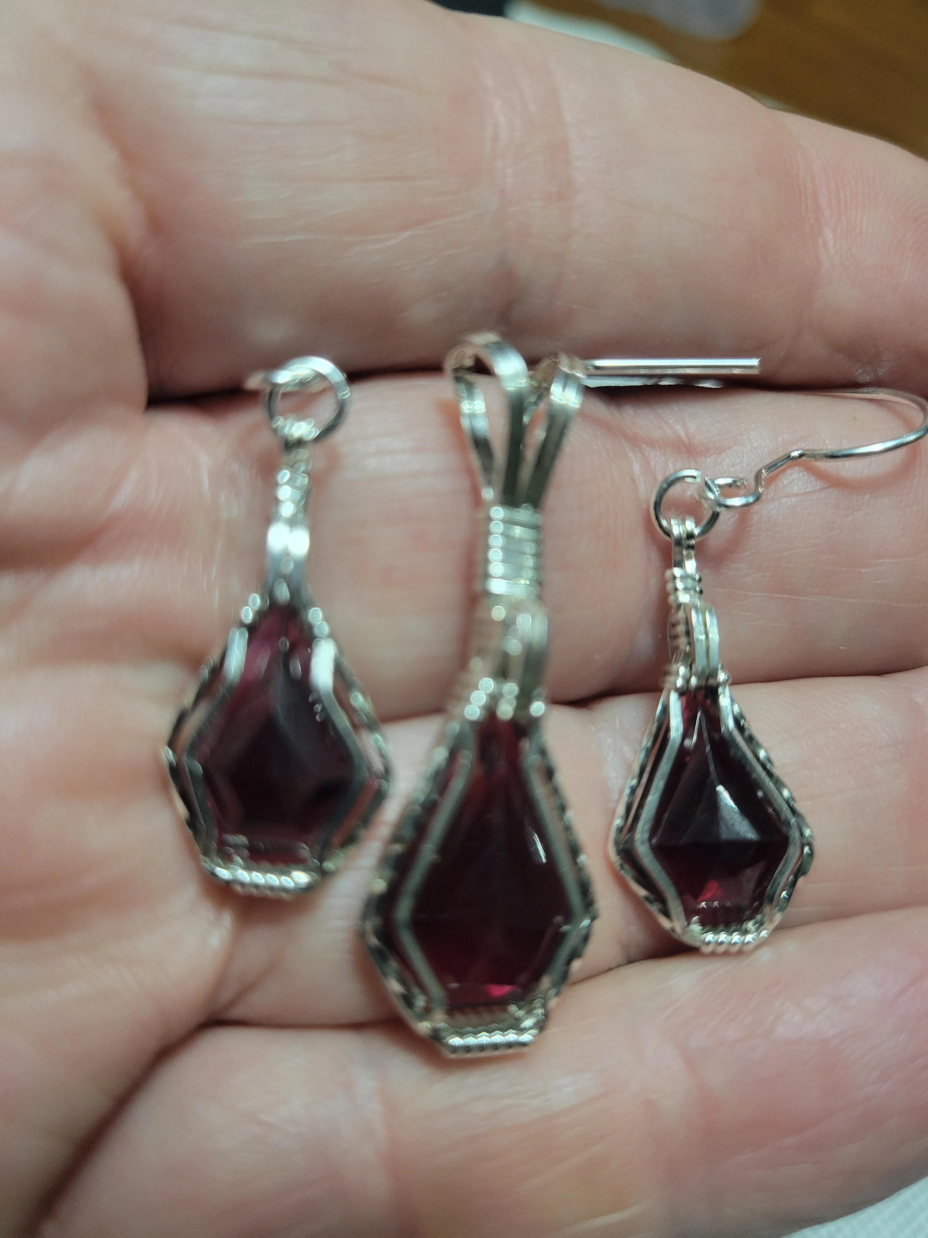 Custom Wire Wrapped Faceted Red Garnet Set: Necklace/Pendant & Earrings Sterling Silver