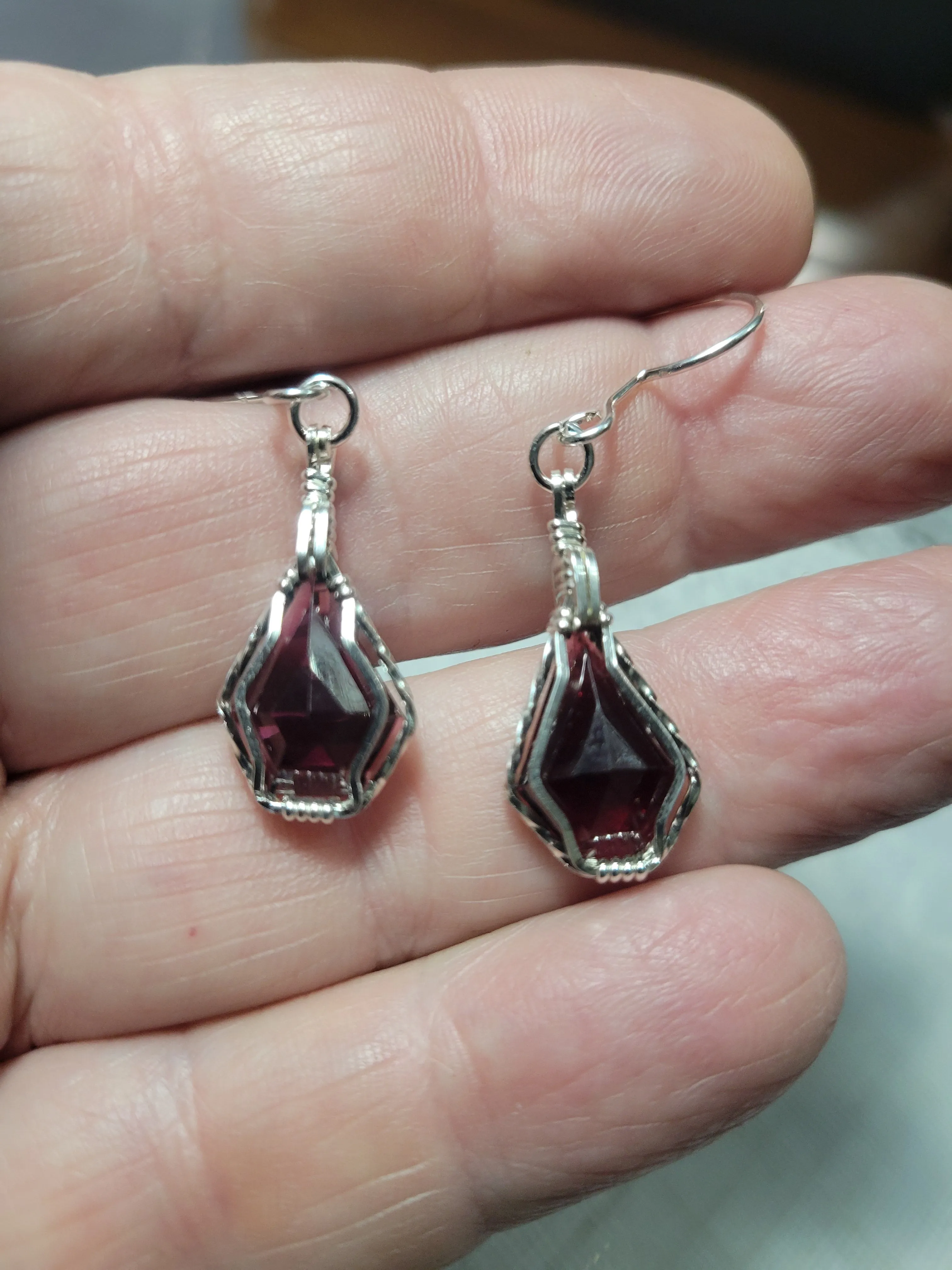 Custom Wire Wrapped Faceted Red Garnet Set: Necklace/Pendant & Earrings Sterling Silver