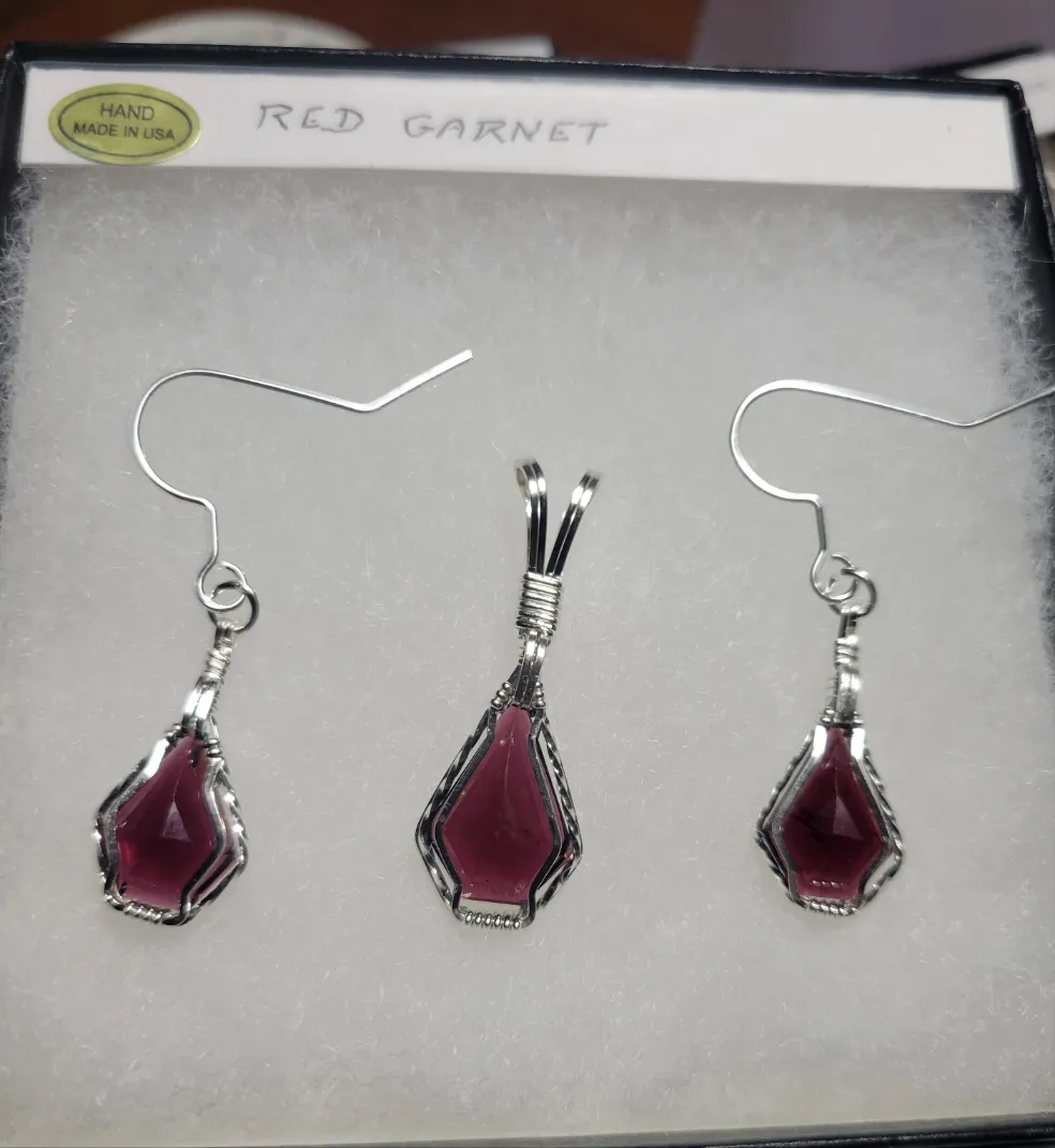 Custom Wire Wrapped Faceted Red Garnet Set: Necklace/Pendant & Earrings Sterling Silver