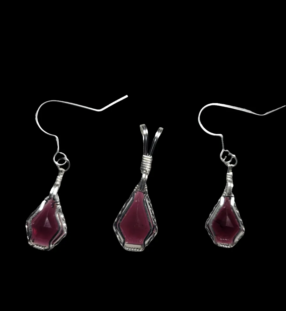 Custom Wire Wrapped Faceted Red Garnet Set: Necklace/Pendant & Earrings Sterling Silver