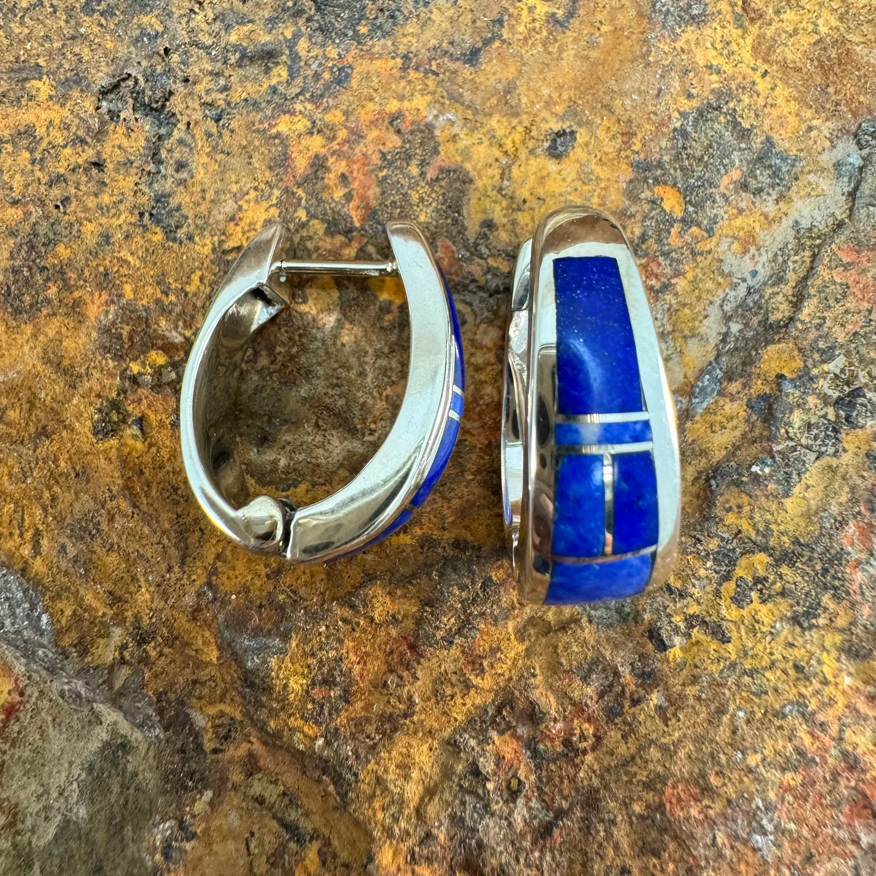 David Rosales Blue Water  Inlaid Sterling Silver Earrings Huggies