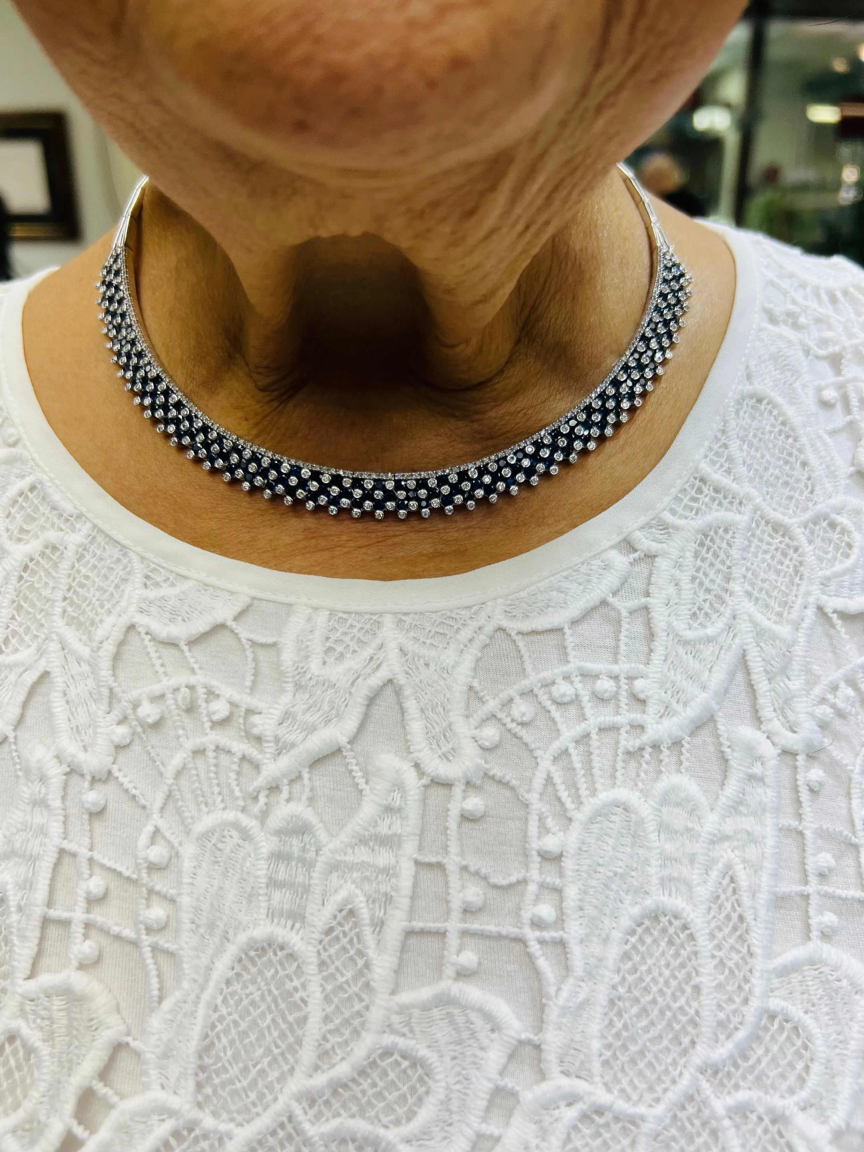 Estate Blue Sapphire Diamond White Gold Necklace