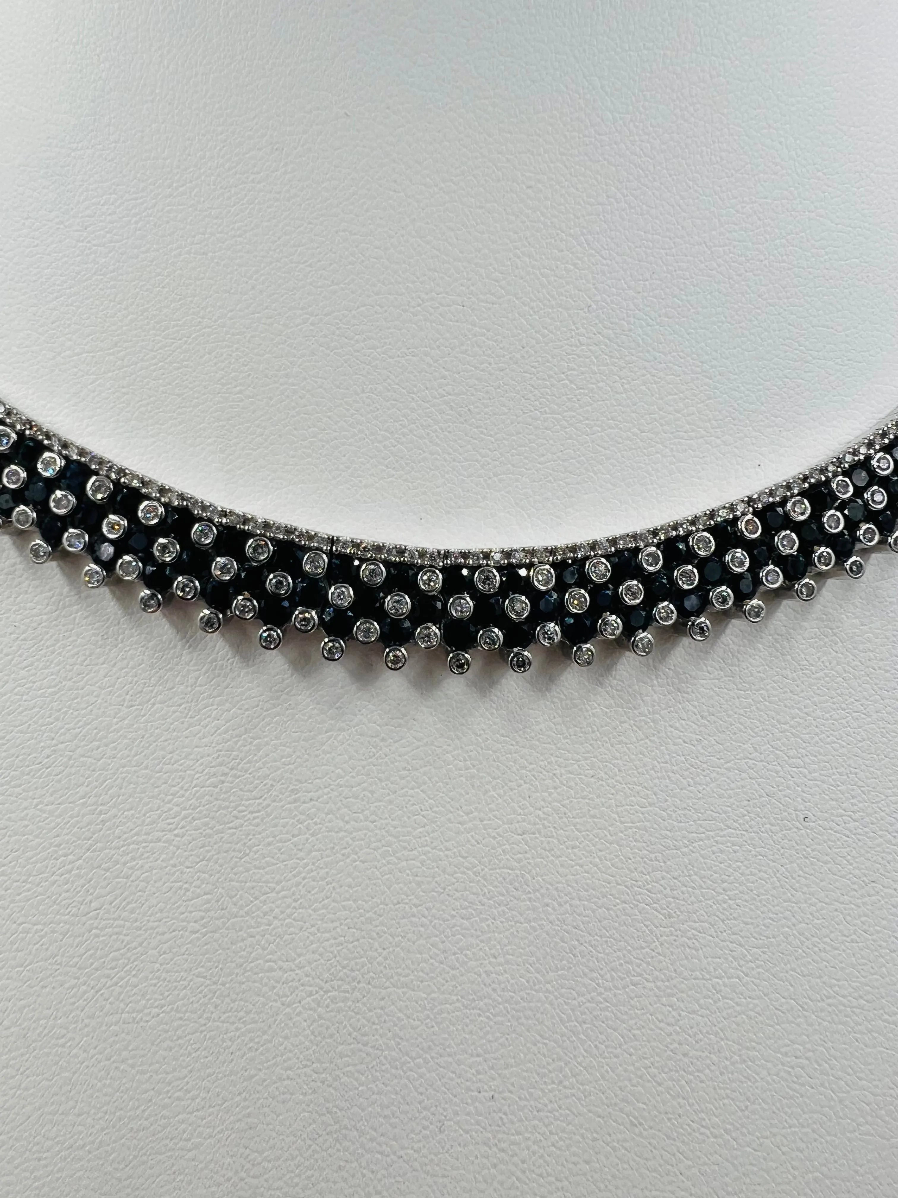 Estate Blue Sapphire Diamond White Gold Necklace