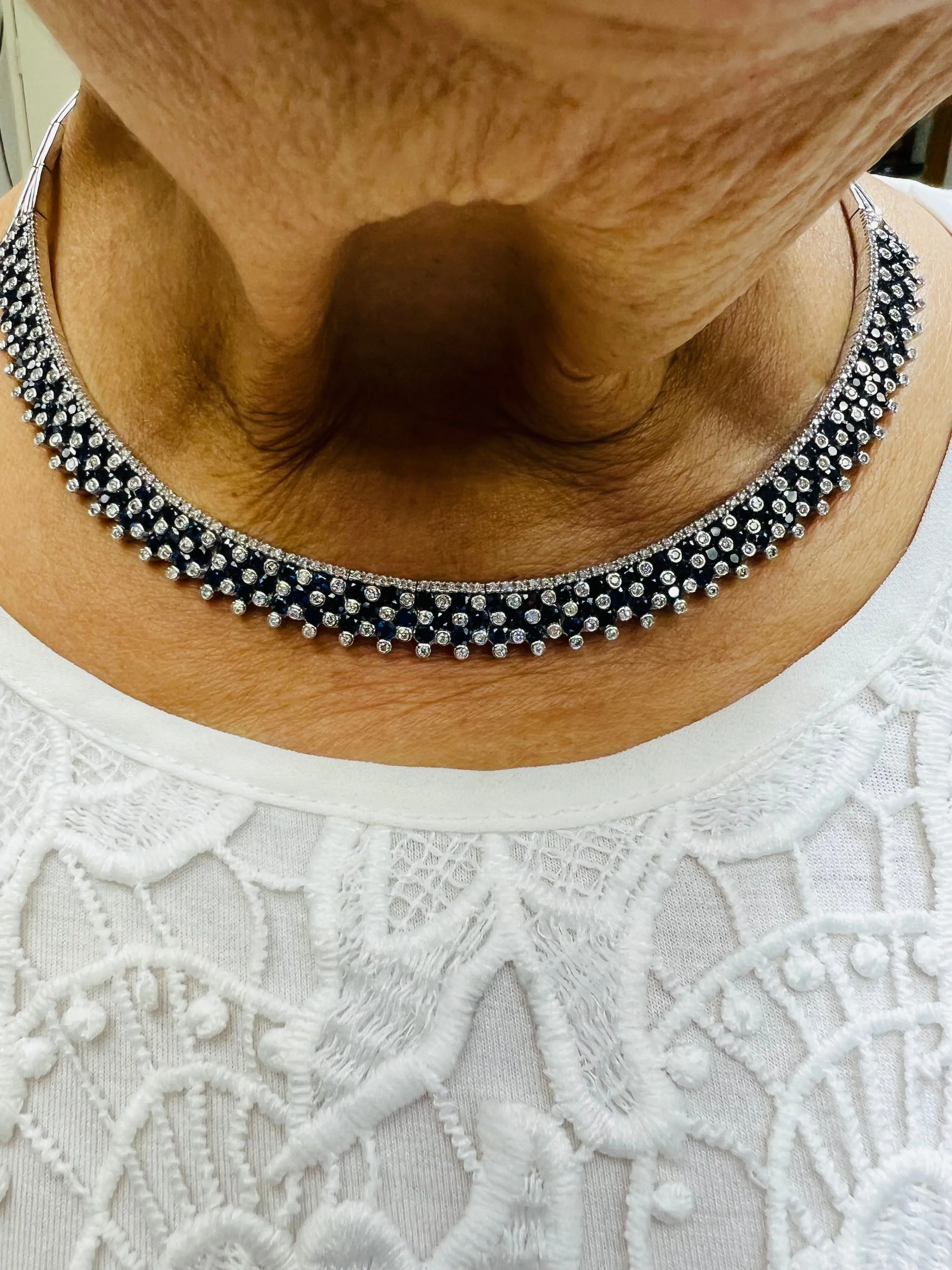 Estate Blue Sapphire Diamond White Gold Necklace