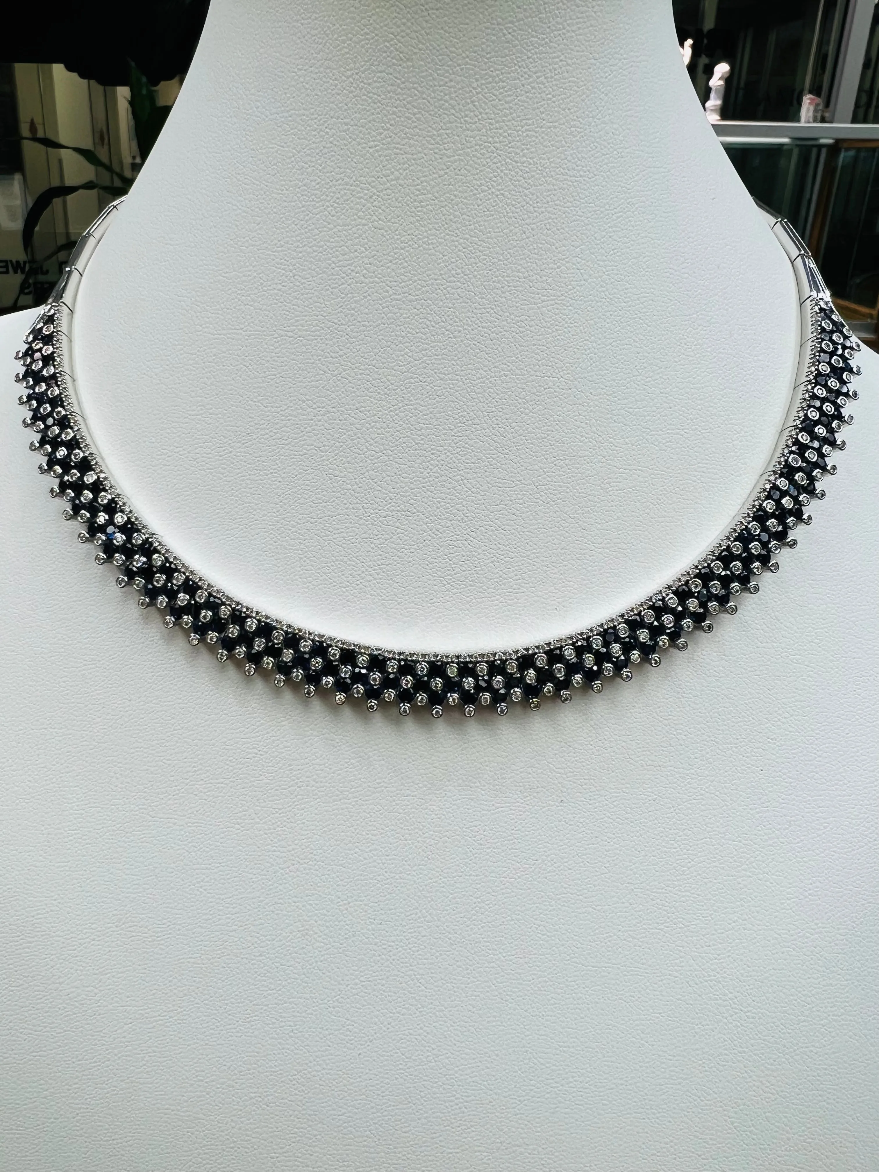 Estate Blue Sapphire Diamond White Gold Necklace