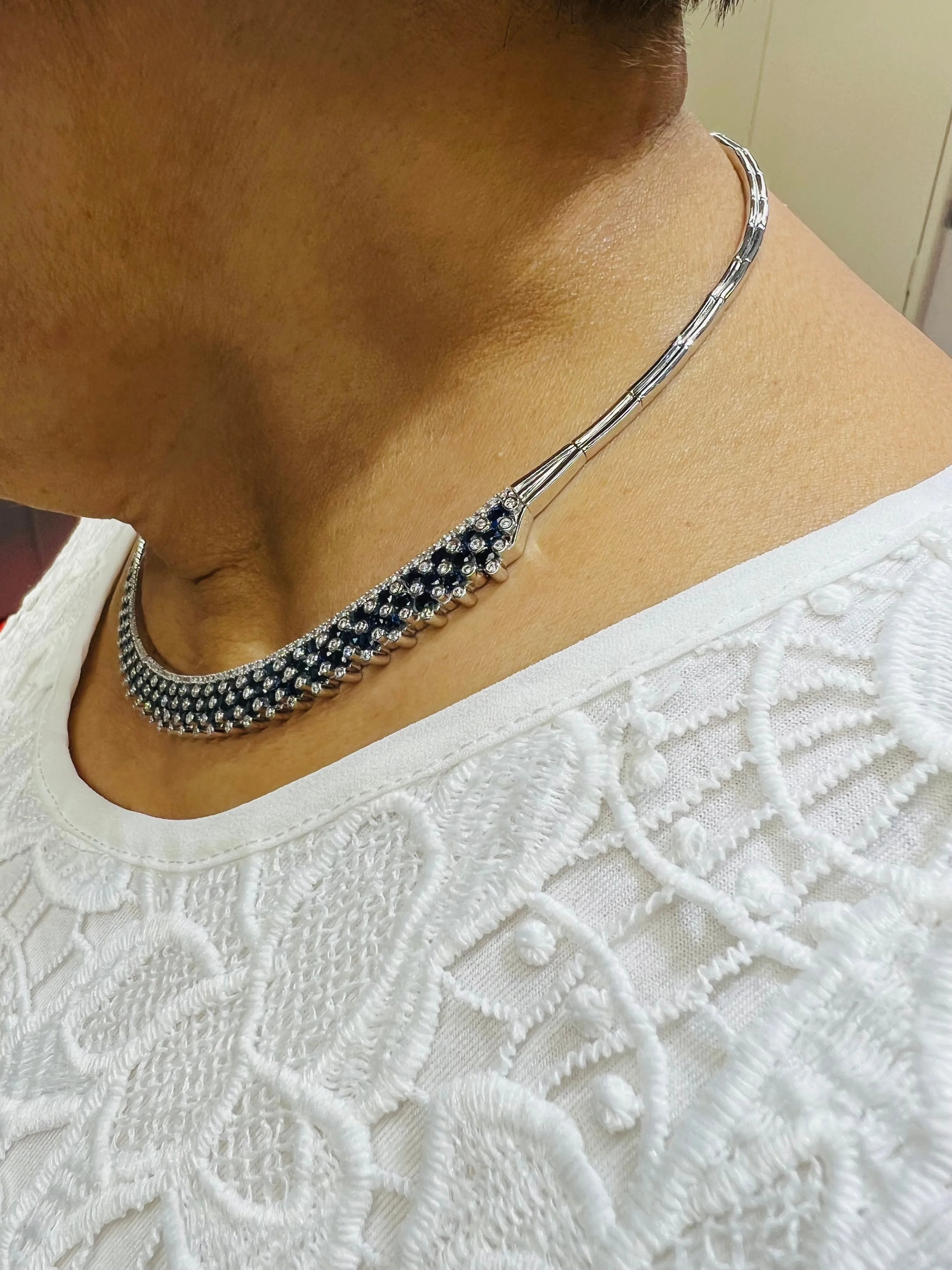 Estate Blue Sapphire Diamond White Gold Necklace