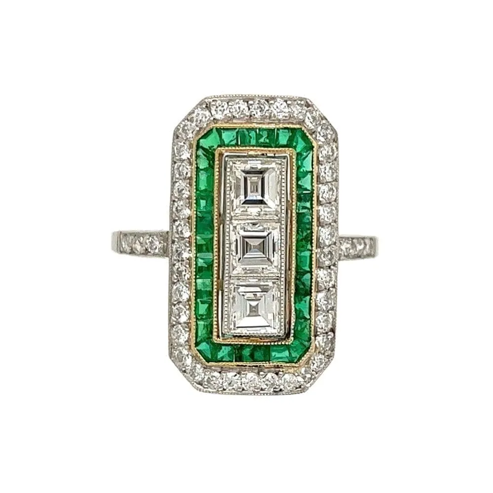 Estate Platinum Ring with French Cut Diamonds and Emeralds at Regard Jewelry in Austin, Texas