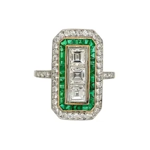 Estate Platinum Ring with French Cut Diamonds and Emeralds at Regard Jewelry in Austin, Texas
