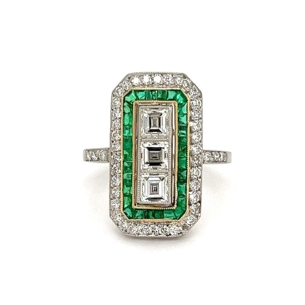 Estate Platinum Ring with French Cut Diamonds and Emeralds at Regard Jewelry in Austin, Texas