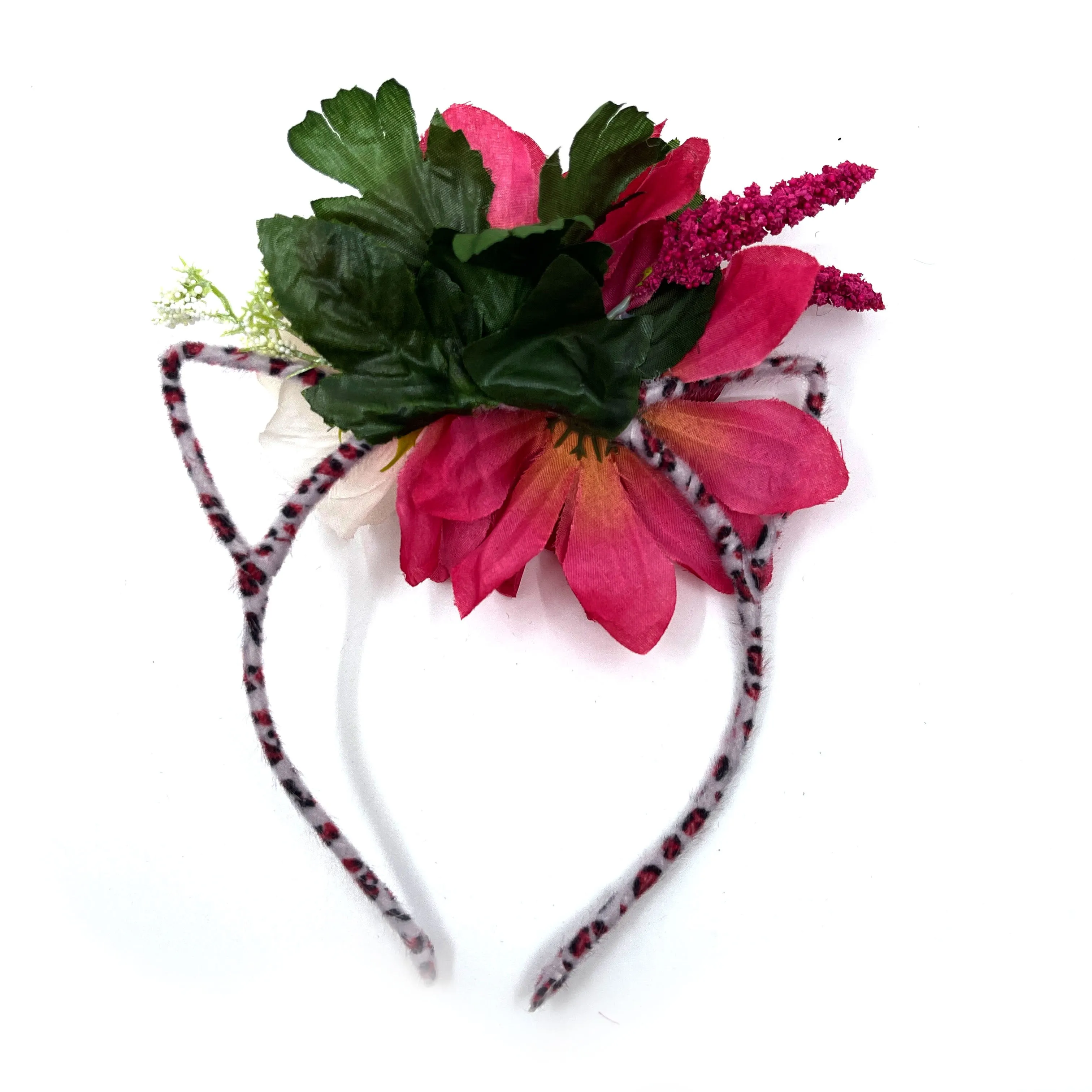 Floral Cat Ears Headband - Red Mum & Leopard