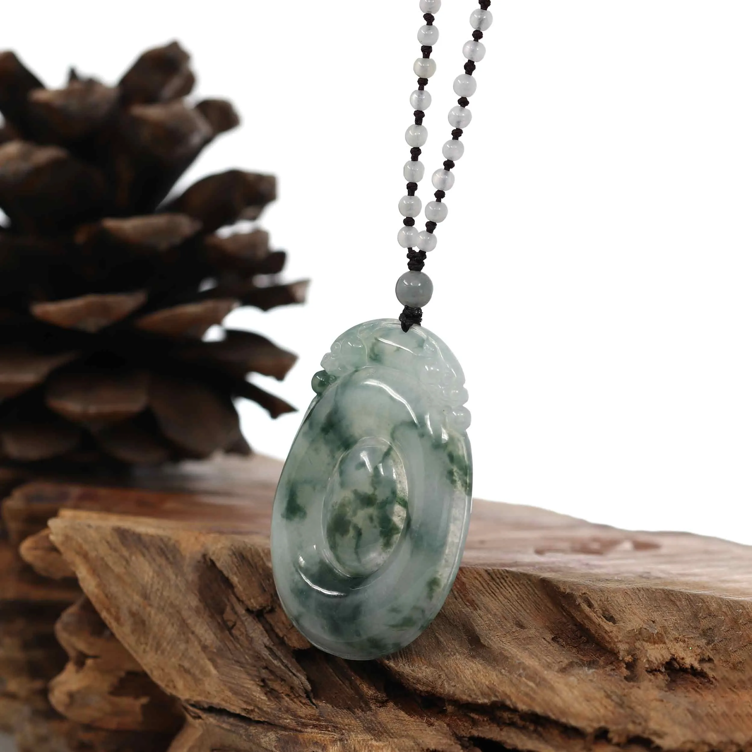 Genuine Ice Blue-Green Jadeite Jade "Good Luck Oval with Dragon Accent" Pendant Necklace With Real Jadeite Bead Necklace