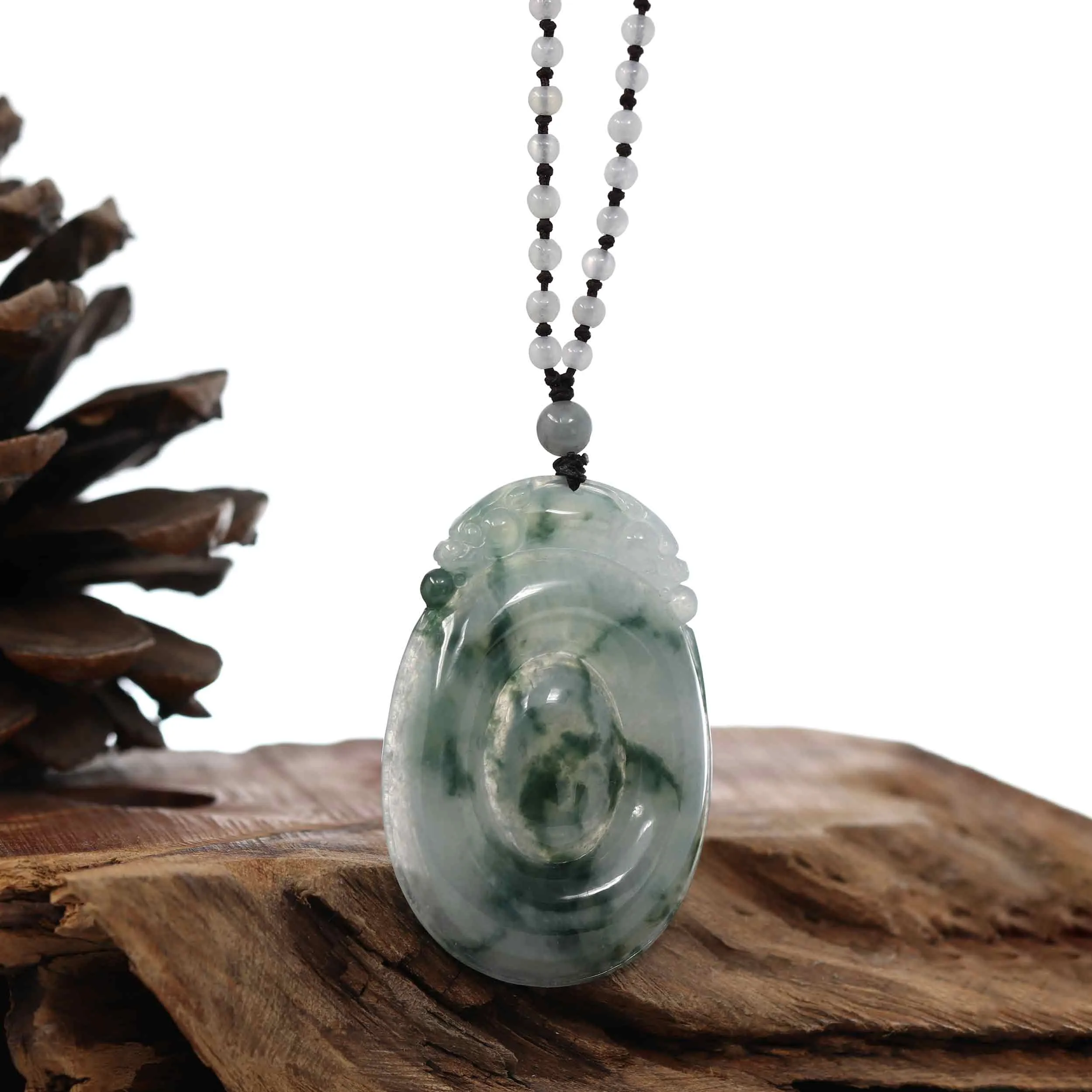 Genuine Ice Blue-Green Jadeite Jade "Good Luck Oval with Dragon Accent" Pendant Necklace With Real Jadeite Bead Necklace