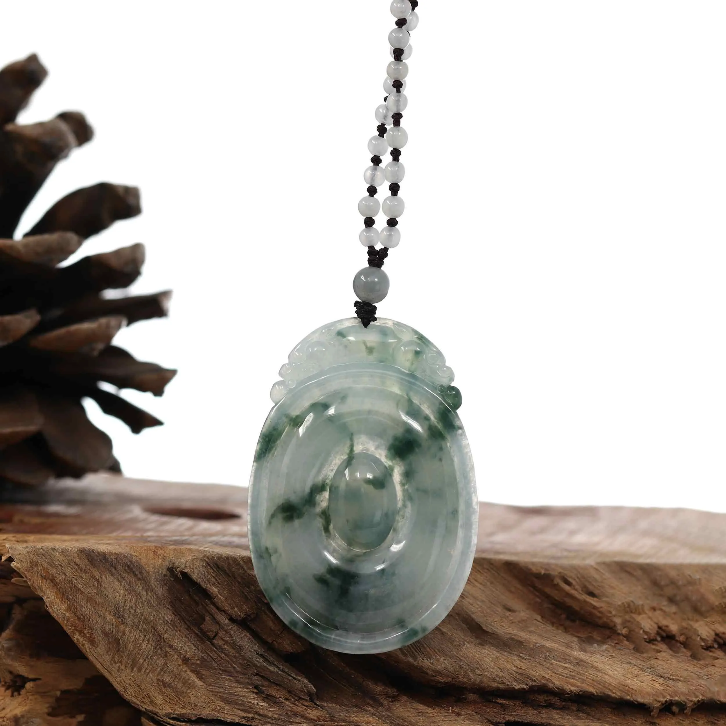 Genuine Ice Blue-Green Jadeite Jade "Good Luck Oval with Dragon Accent" Pendant Necklace With Real Jadeite Bead Necklace
