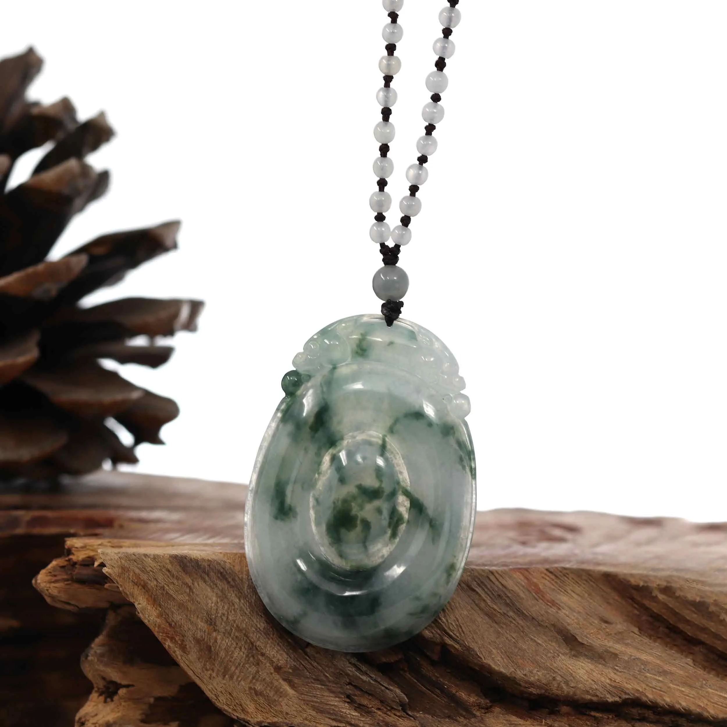 Genuine Ice Blue-Green Jadeite Jade "Good Luck Oval with Dragon Accent" Pendant Necklace With Real Jadeite Bead Necklace