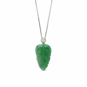 Genuine Ice Jadeite Jade Jin Zhi Yu Ye (Leaf) Necklace With 18k Gold & VSI Diamond Bail