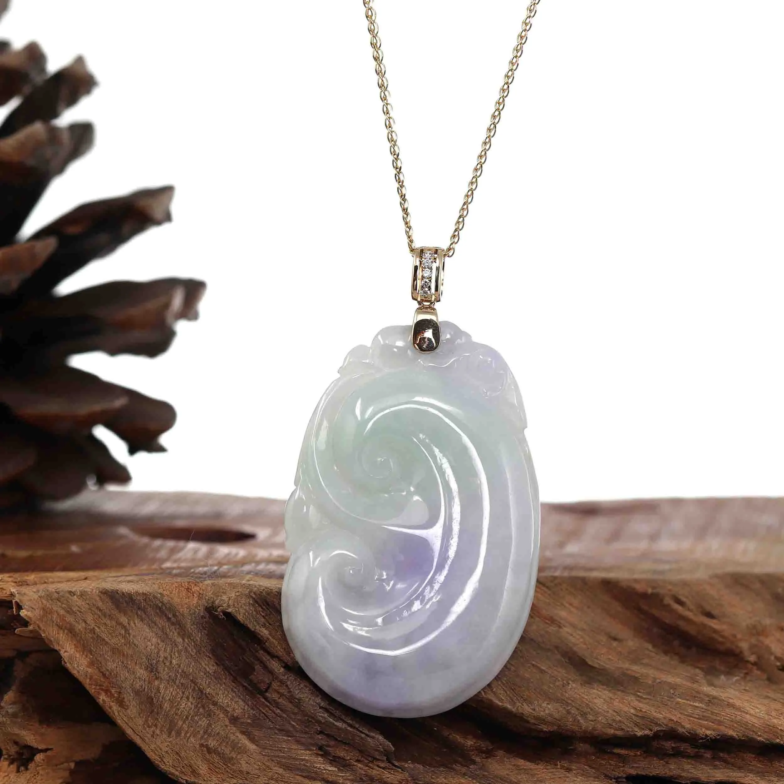 Genuine Lavender Jadeite Jade RuYi Pendant Necklace With 14K Yellow Gold Diamond Bail