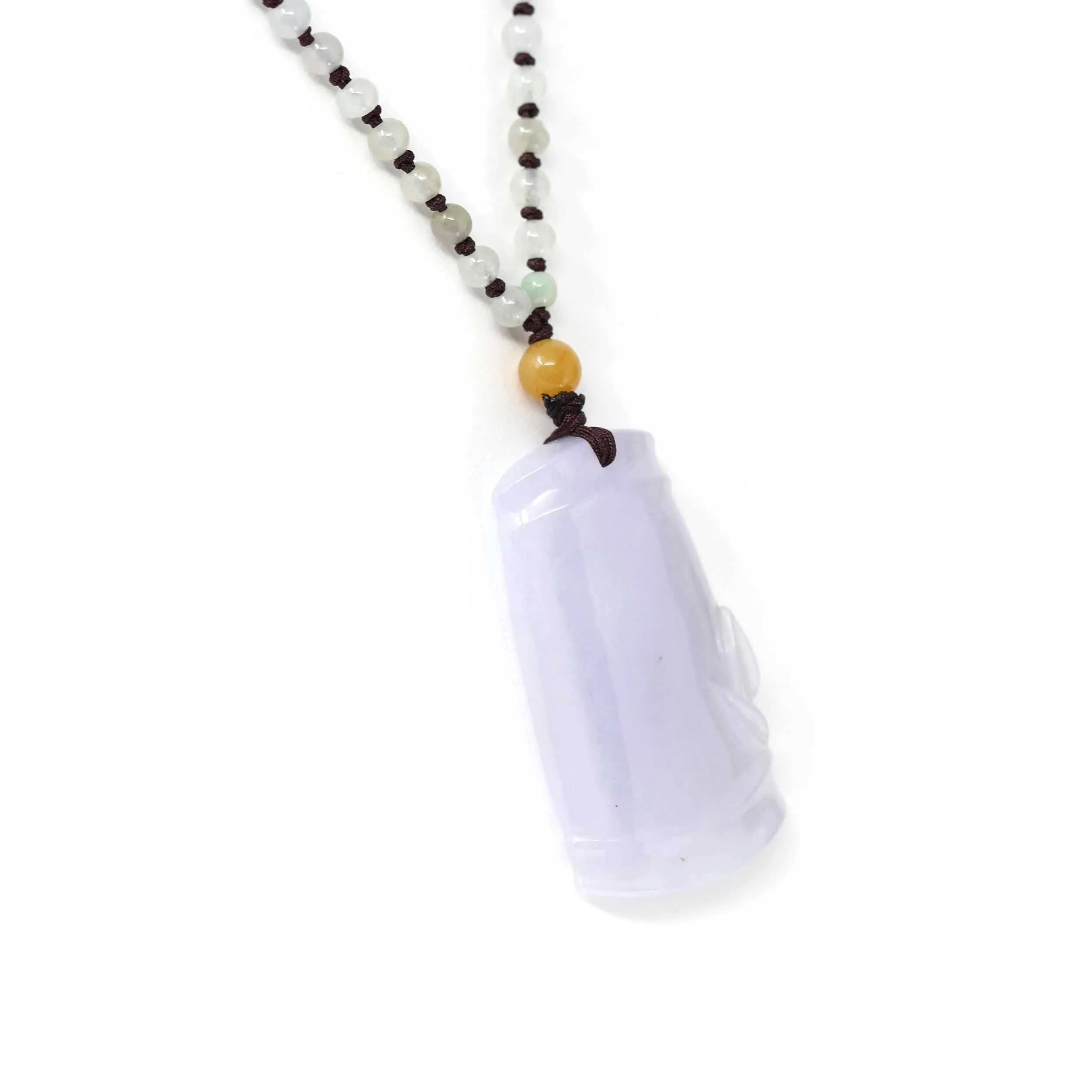 Genuine Light Lavender Jadeite Jade Good Luck Bamboo Pendant Necklace With Real Jadeite Bead Necklace