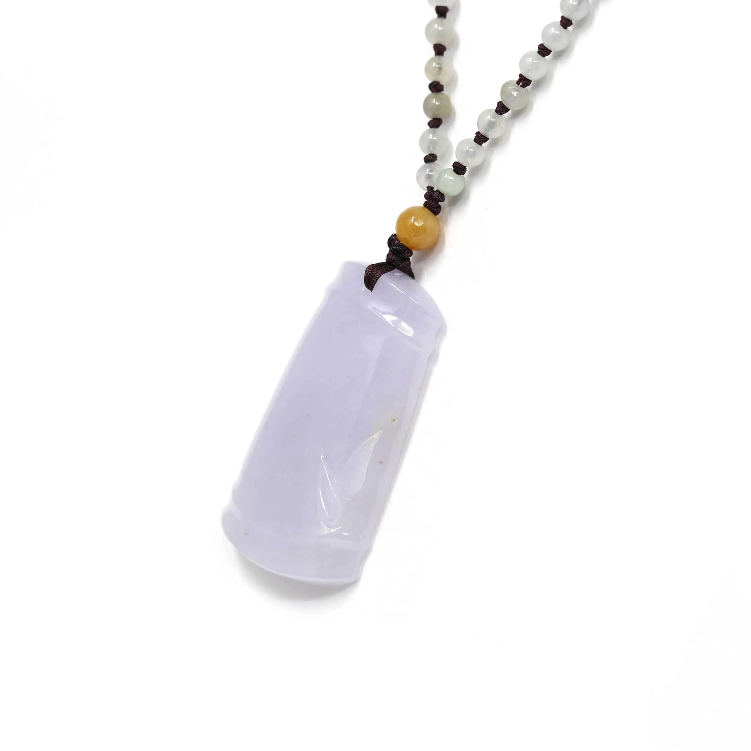 Genuine Light Lavender Jadeite Jade Good Luck Bamboo Pendant Necklace With Real Jadeite Bead Necklace