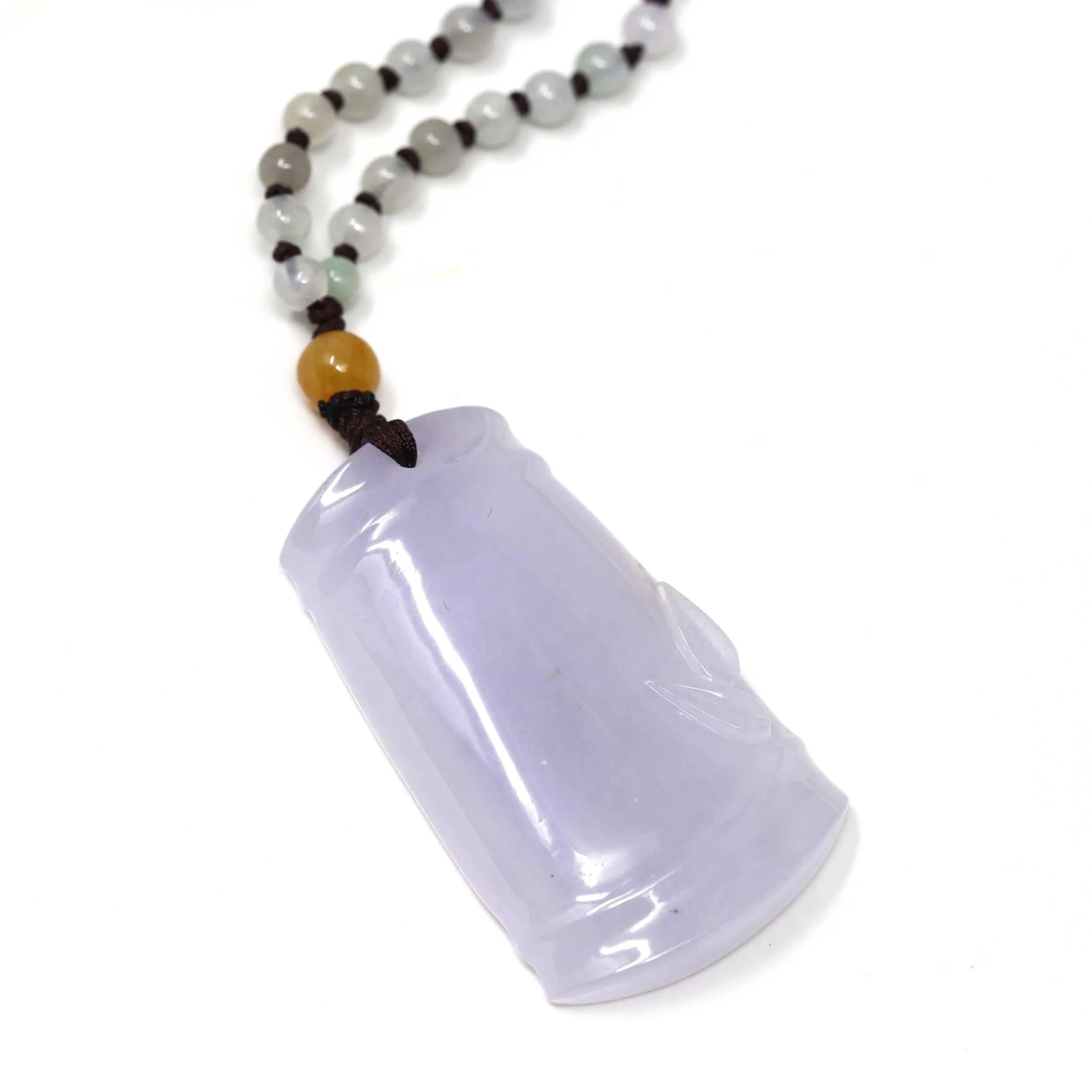 Genuine Light Lavender Jadeite Jade Good Luck Bamboo Pendant Necklace With Real Jadeite Bead Necklace