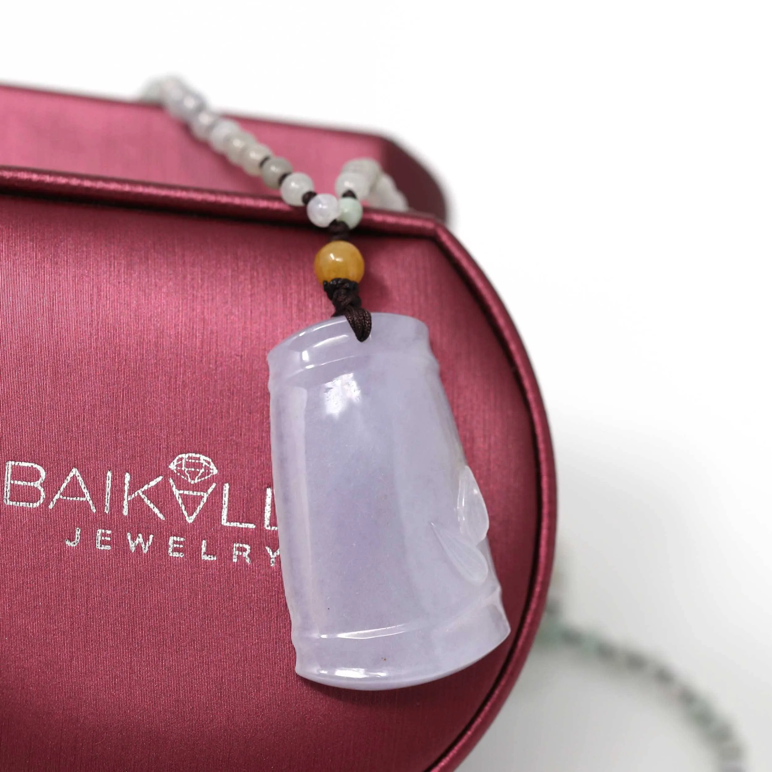 Genuine Light Lavender Jadeite Jade Good Luck Bamboo Pendant Necklace With Real Jadeite Bead Necklace