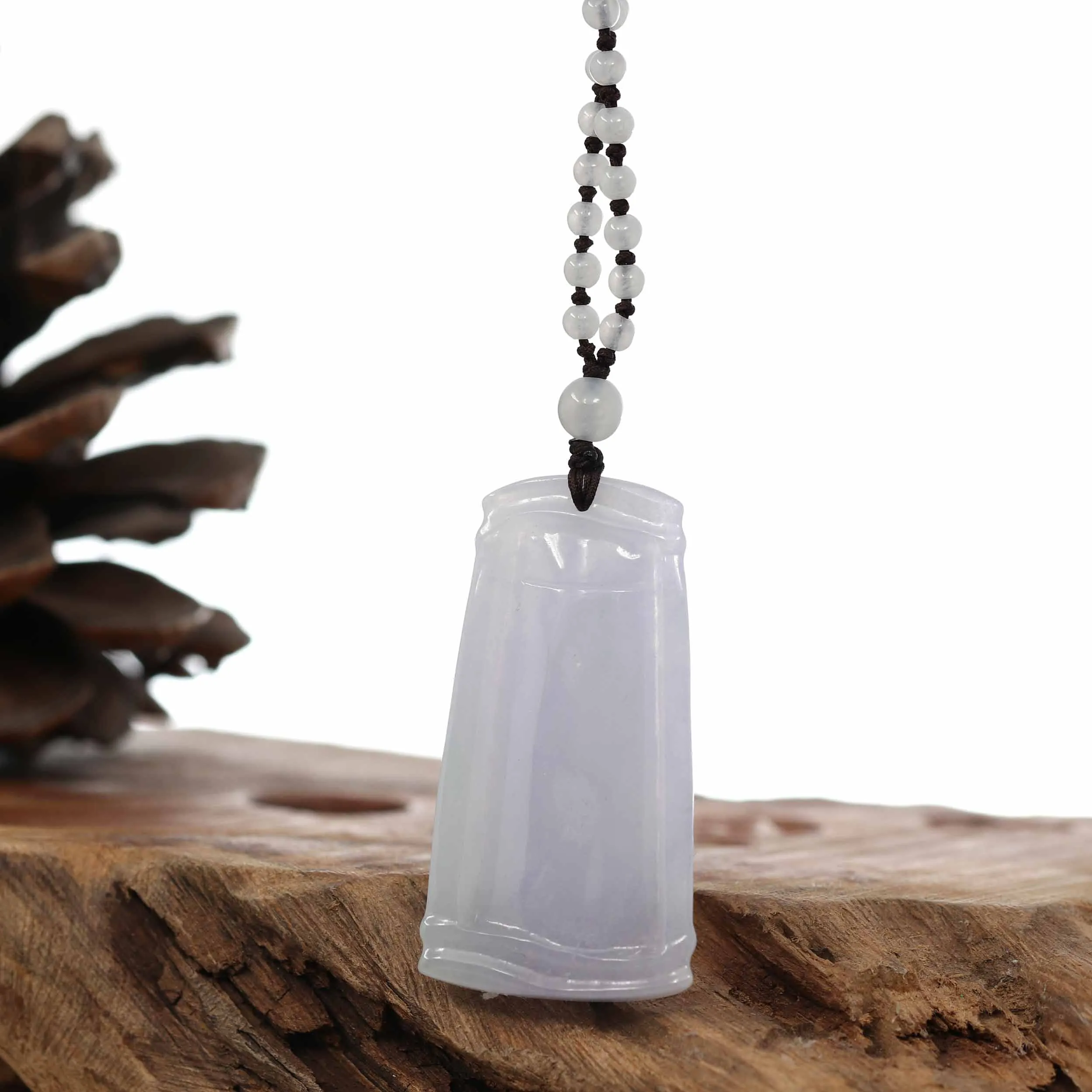Genuine Light Lavender Jadeite Jade "Good Luck Bamboo" Pendant Necklace With Real Jadeite Bead Necklace