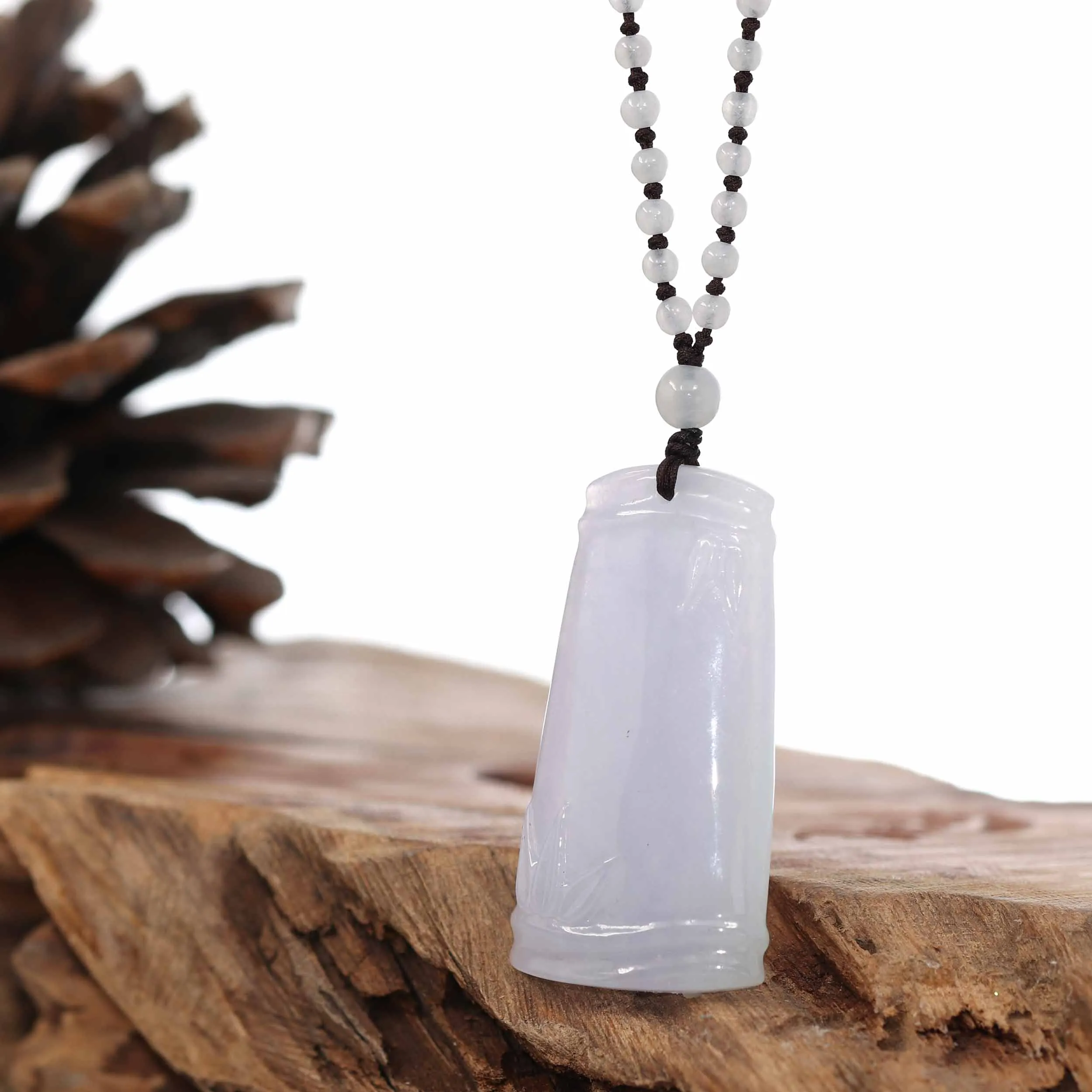 Genuine Light Lavender Jadeite Jade "Good Luck Bamboo" Pendant Necklace With Real Jadeite Bead Necklace