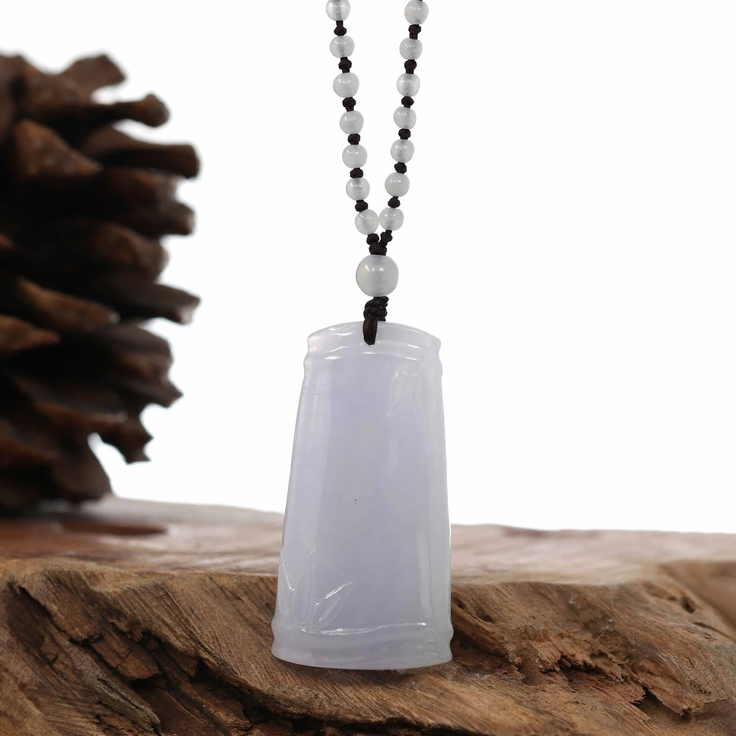 Genuine Light Lavender Jadeite Jade "Good Luck Bamboo" Pendant Necklace With Real Jadeite Bead Necklace