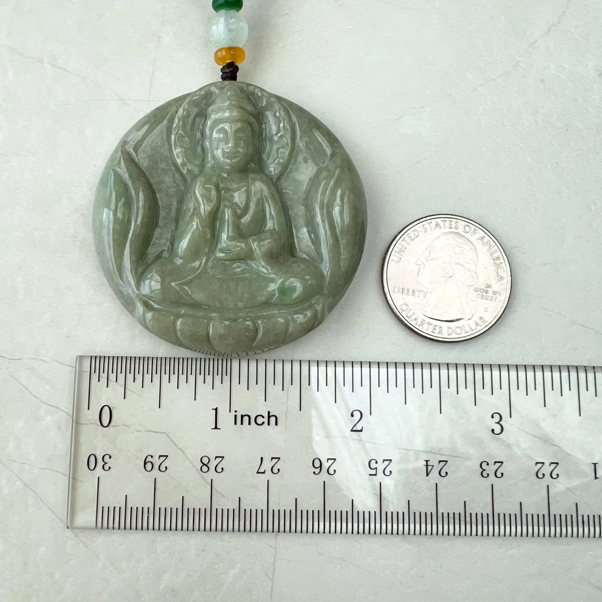 Green Yellow Jadeite Jade Standing Guan Yin Avalokiteshvara Carved Pendant Necklace, YJ-1221-0168146