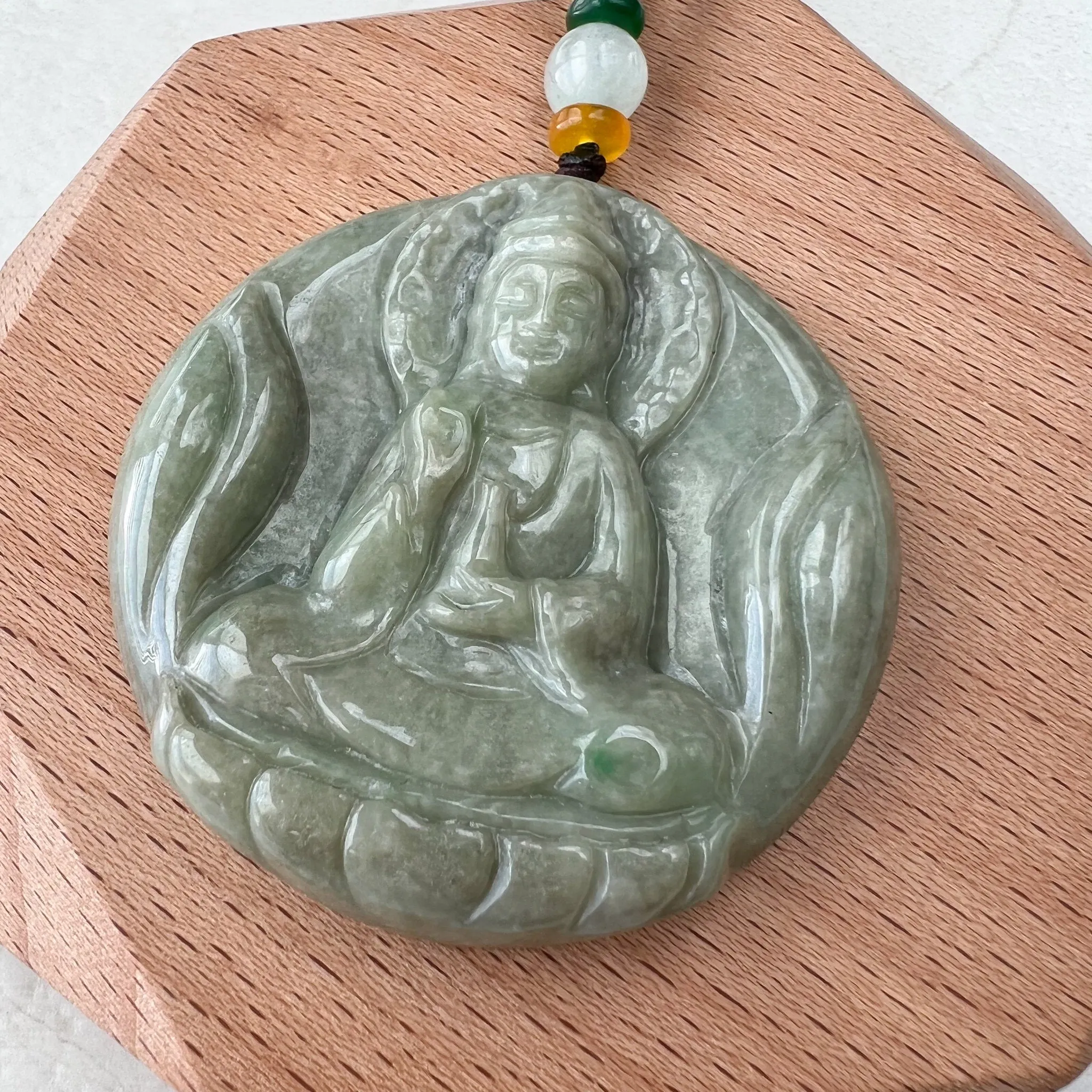 Green Yellow Jadeite Jade Standing Guan Yin Avalokiteshvara Carved Pendant Necklace, YJ-1221-0168146