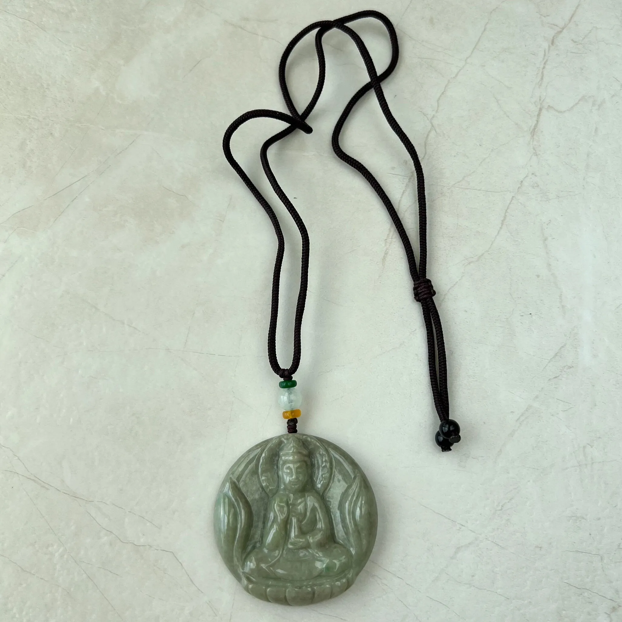 Green Yellow Jadeite Jade Standing Guan Yin Avalokiteshvara Carved Pendant Necklace, YJ-1221-0168146