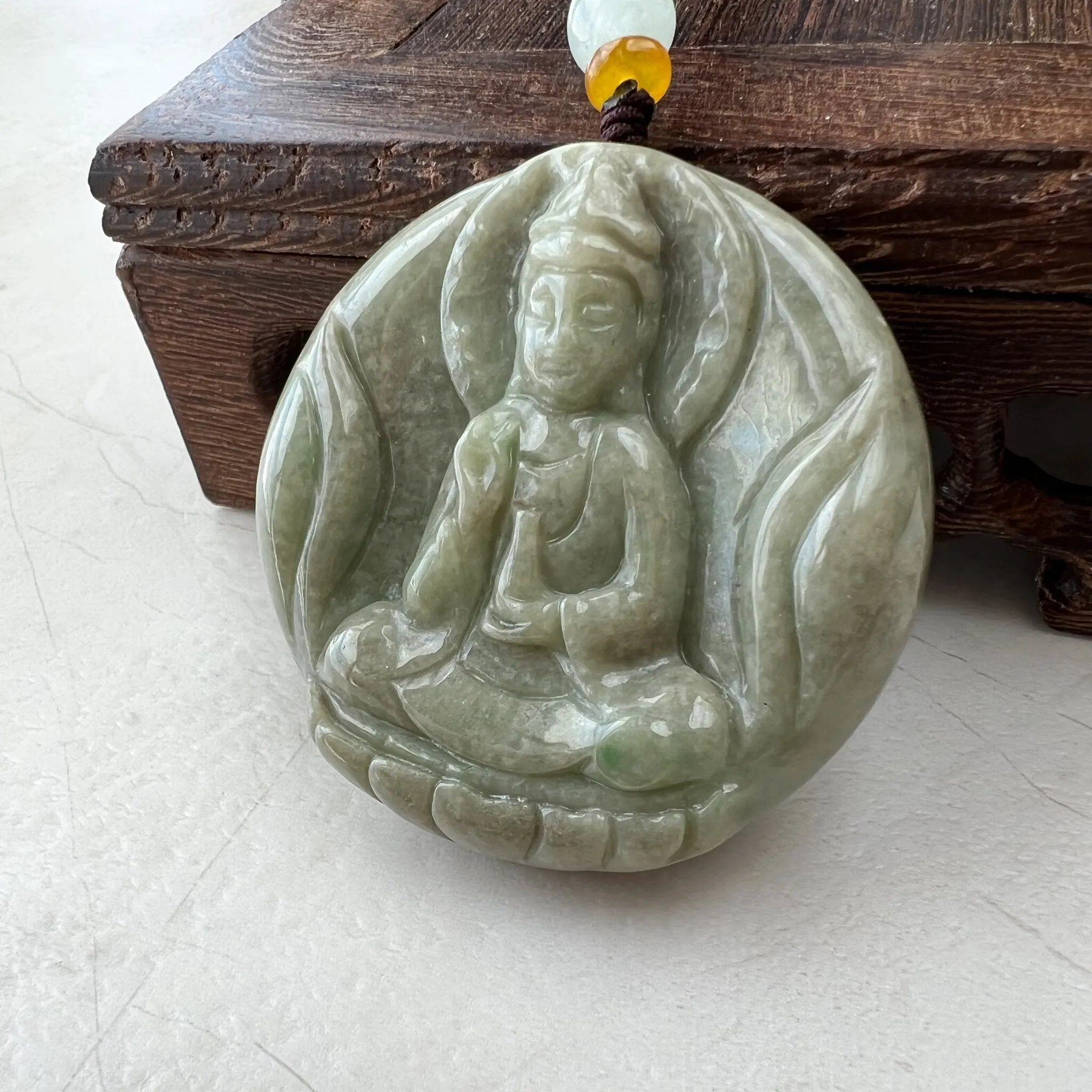 Green Yellow Jadeite Jade Standing Guan Yin Avalokiteshvara Carved Pendant Necklace, YJ-1221-0168146