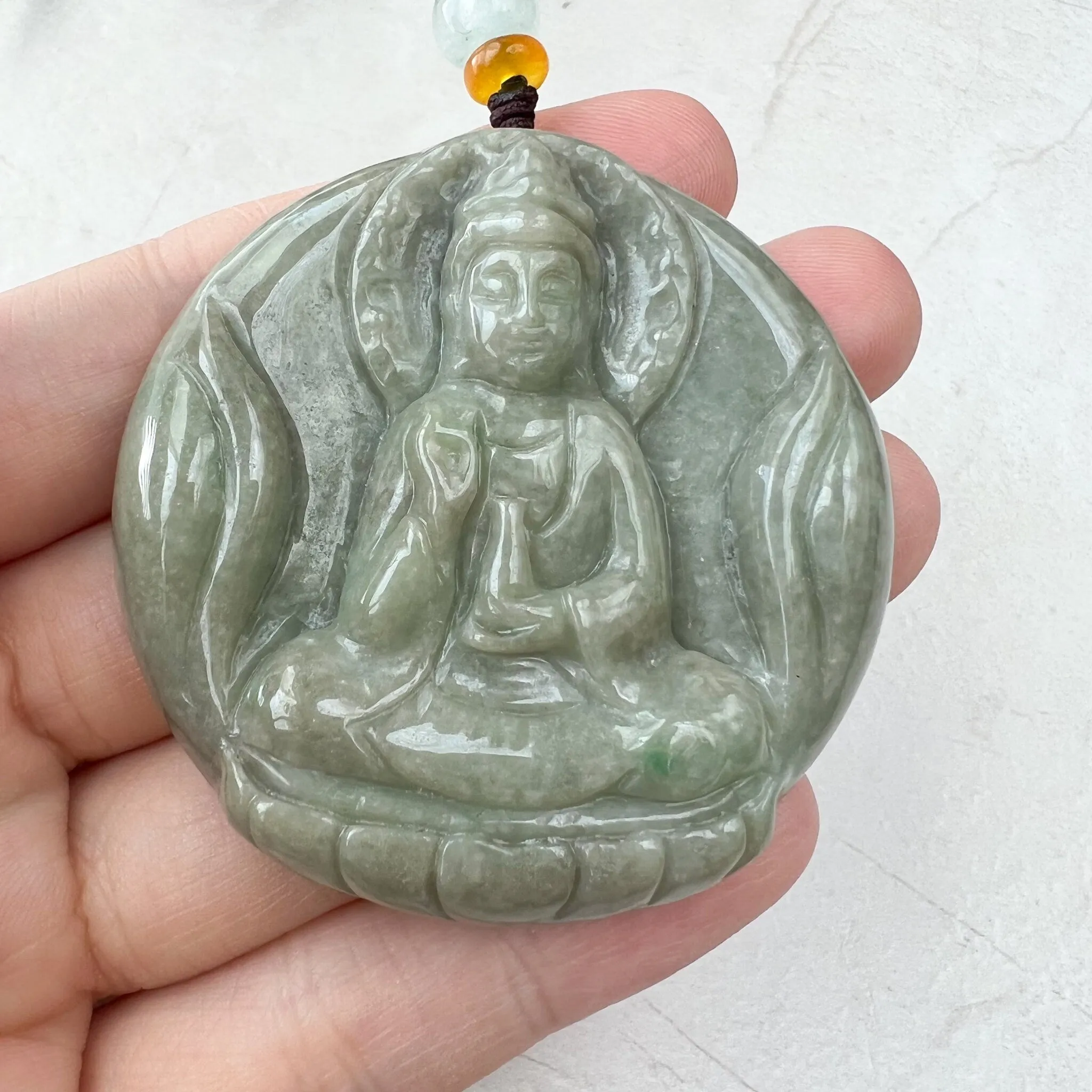 Green Yellow Jadeite Jade Standing Guan Yin Avalokiteshvara Carved Pendant Necklace, YJ-1221-0168146