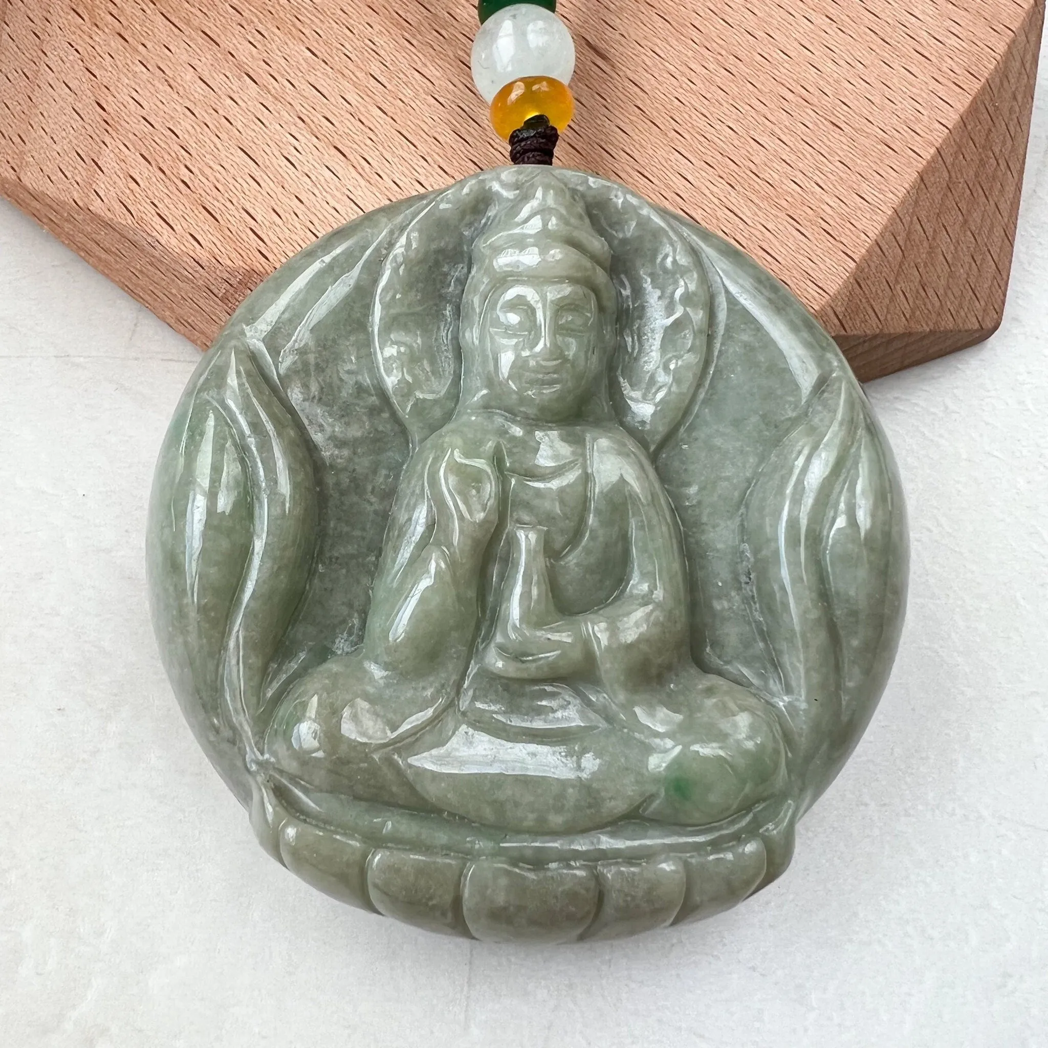 Green Yellow Jadeite Jade Standing Guan Yin Avalokiteshvara Carved Pendant Necklace, YJ-1221-0168146
