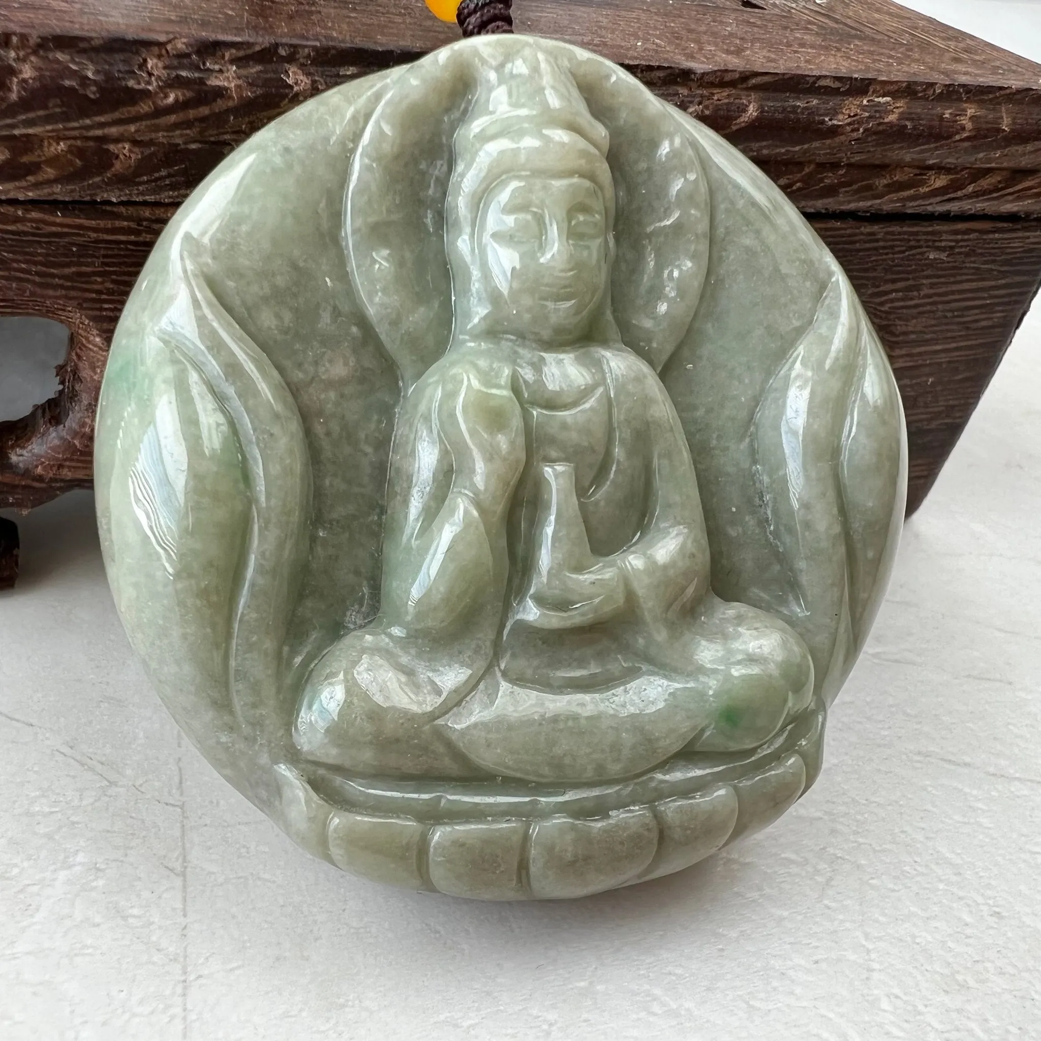 Green Yellow Jadeite Jade Standing Guan Yin Avalokiteshvara Carved Pendant Necklace, YJ-1221-0168146