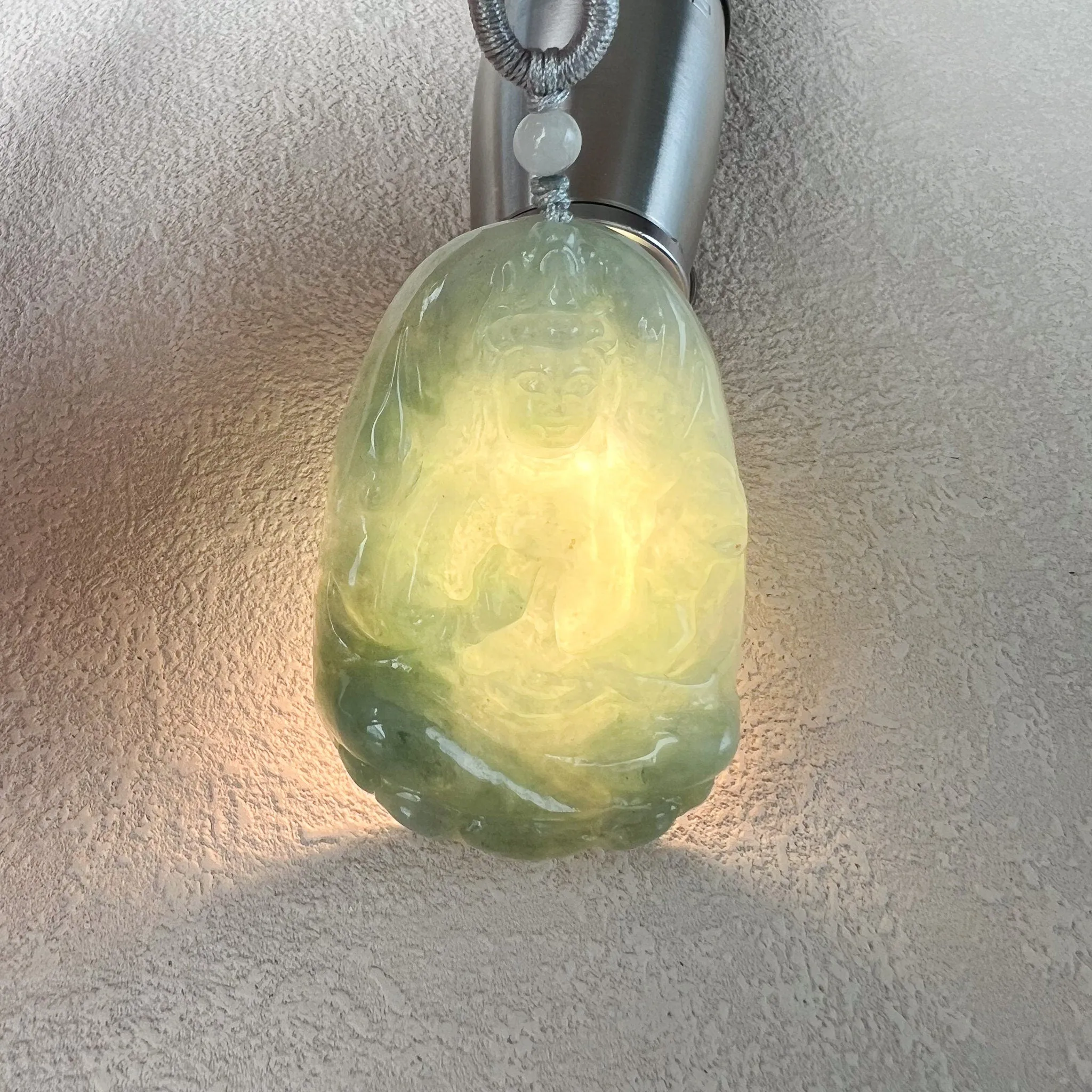 Jadeite Jade Guan Yin Avalokiteshvara, Quan Am, Light Green Jade, Hand Carved Jade Pendant Necklace, YJ-0522-0371824