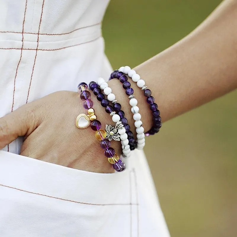 Lotus Charm Amethyst Howlite Stretchy Bracelet