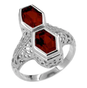 Love Duet Almandite Garnet Filigree Ring in 14 Karat White Gold