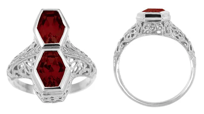 Love Duet Almandite Garnet Filigree Ring in 14 Karat White Gold