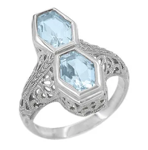Love Duet Filigree 2 Stone Blue Topaz Vintage Statement Ring Design in Sterling Silver | Art Deco