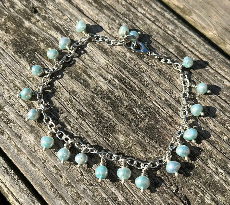Minty blue pearl charm bracelet
