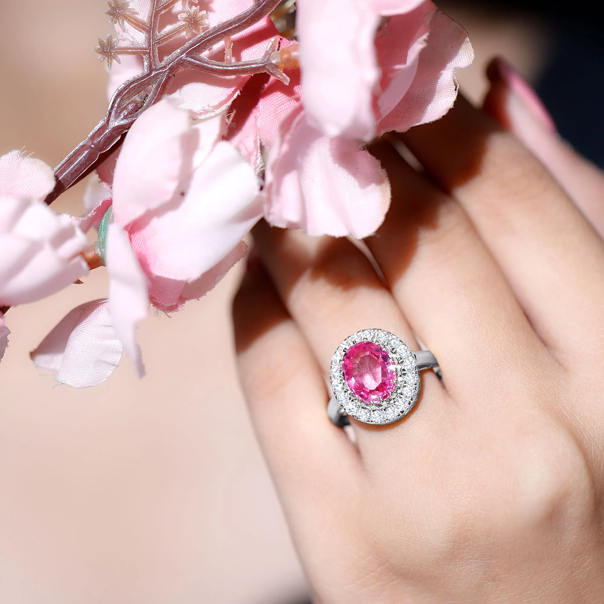Oval Lab Grown Pink Sapphire Vintage Style Ring with Moissanite Halo