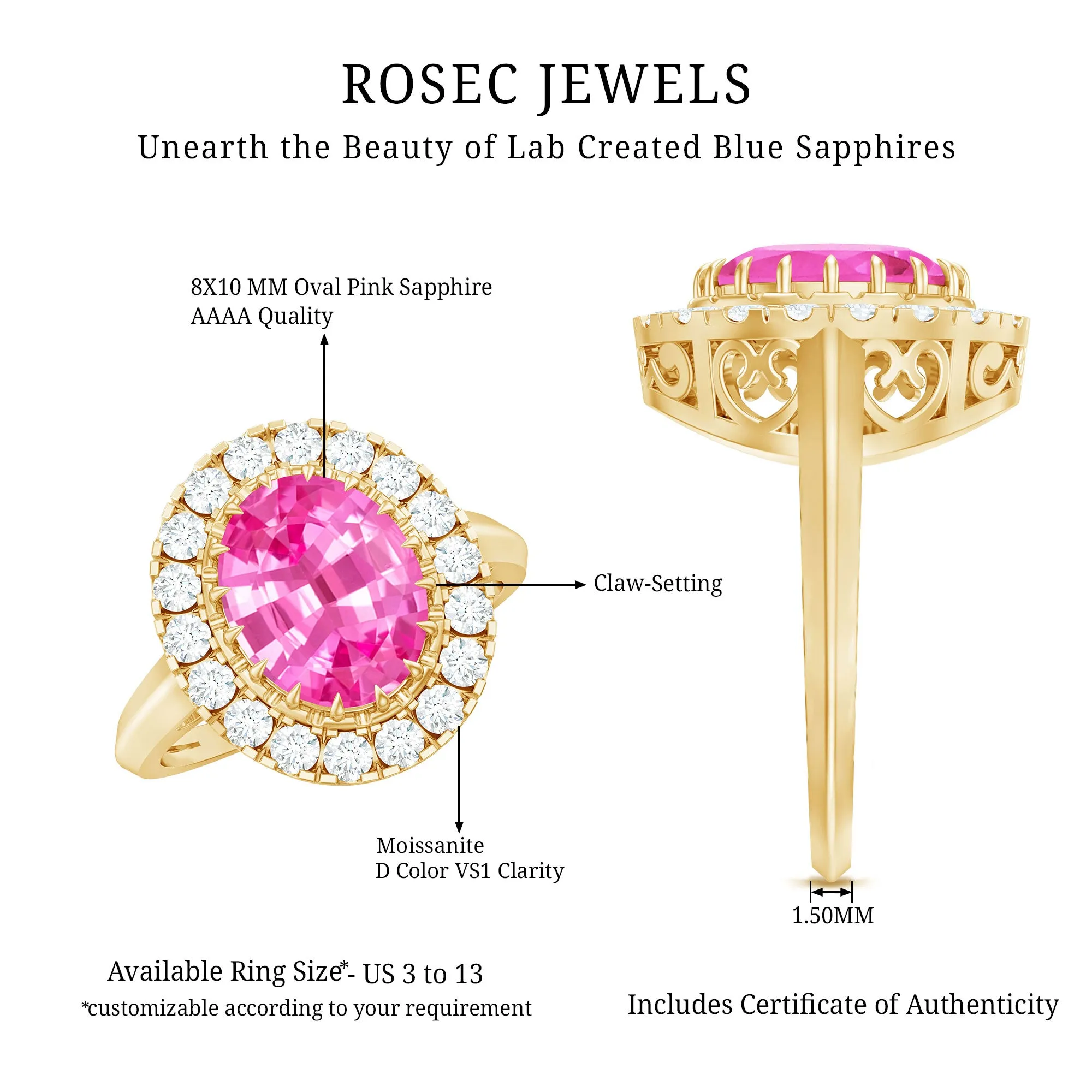 Oval Lab Grown Pink Sapphire Vintage Style Ring with Moissanite Halo