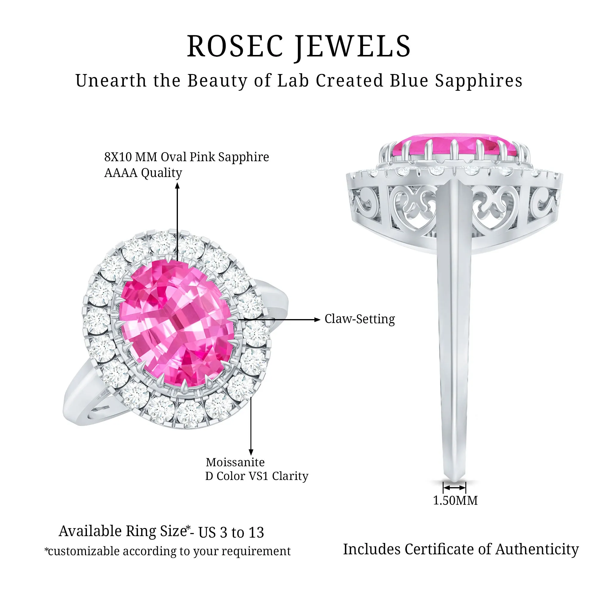 Oval Lab Grown Pink Sapphire Vintage Style Ring with Moissanite Halo