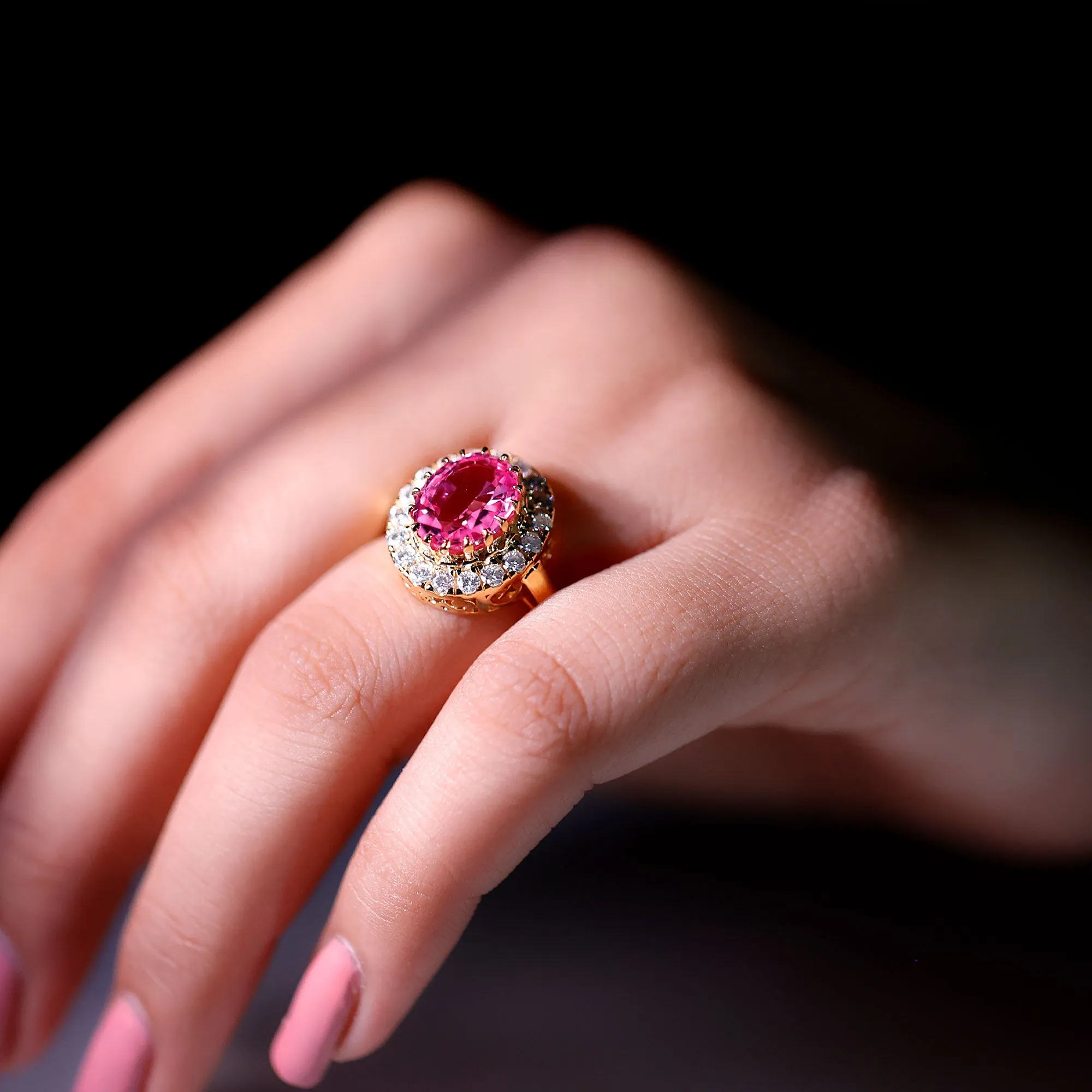 Oval Lab Grown Pink Sapphire Vintage Style Ring with Moissanite Halo
