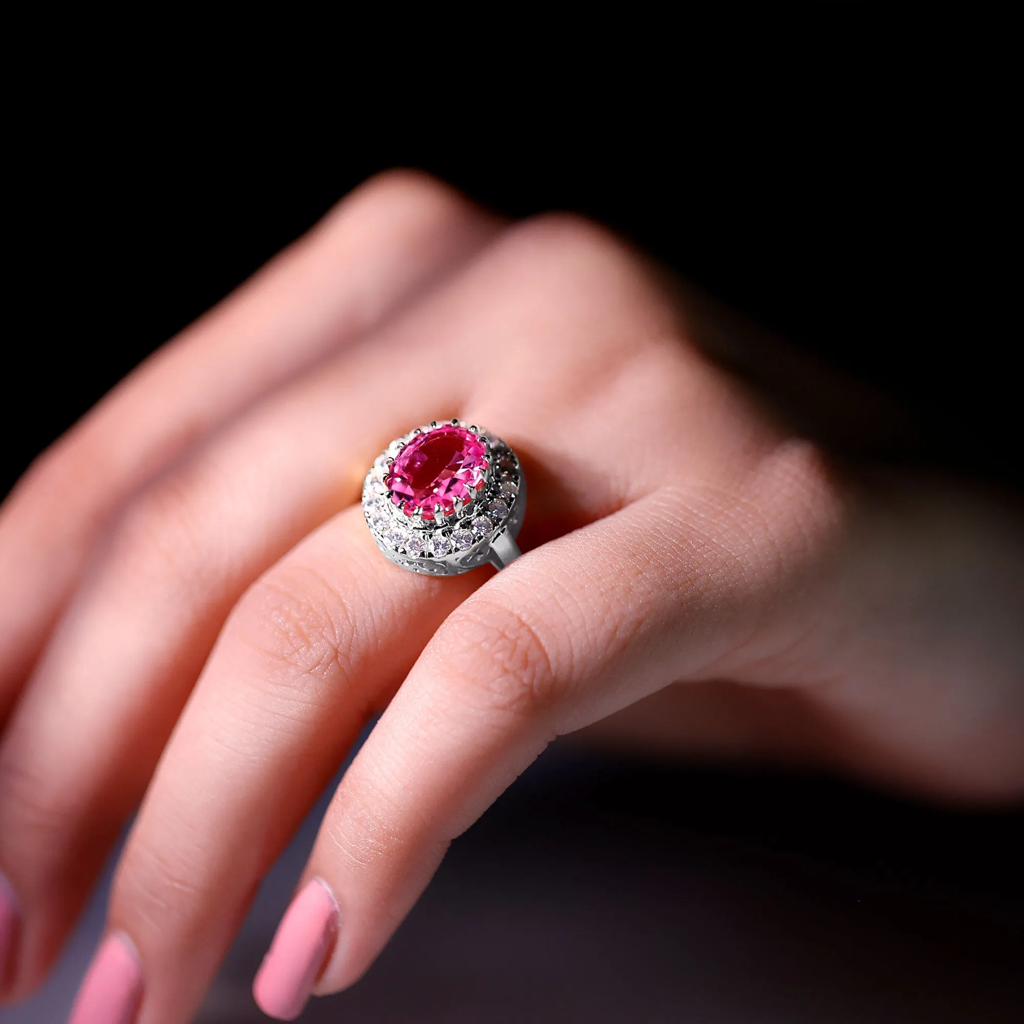 Oval Lab Grown Pink Sapphire Vintage Style Ring with Moissanite Halo