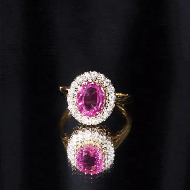Oval Lab Grown Pink Sapphire Vintage Style Ring with Moissanite Halo