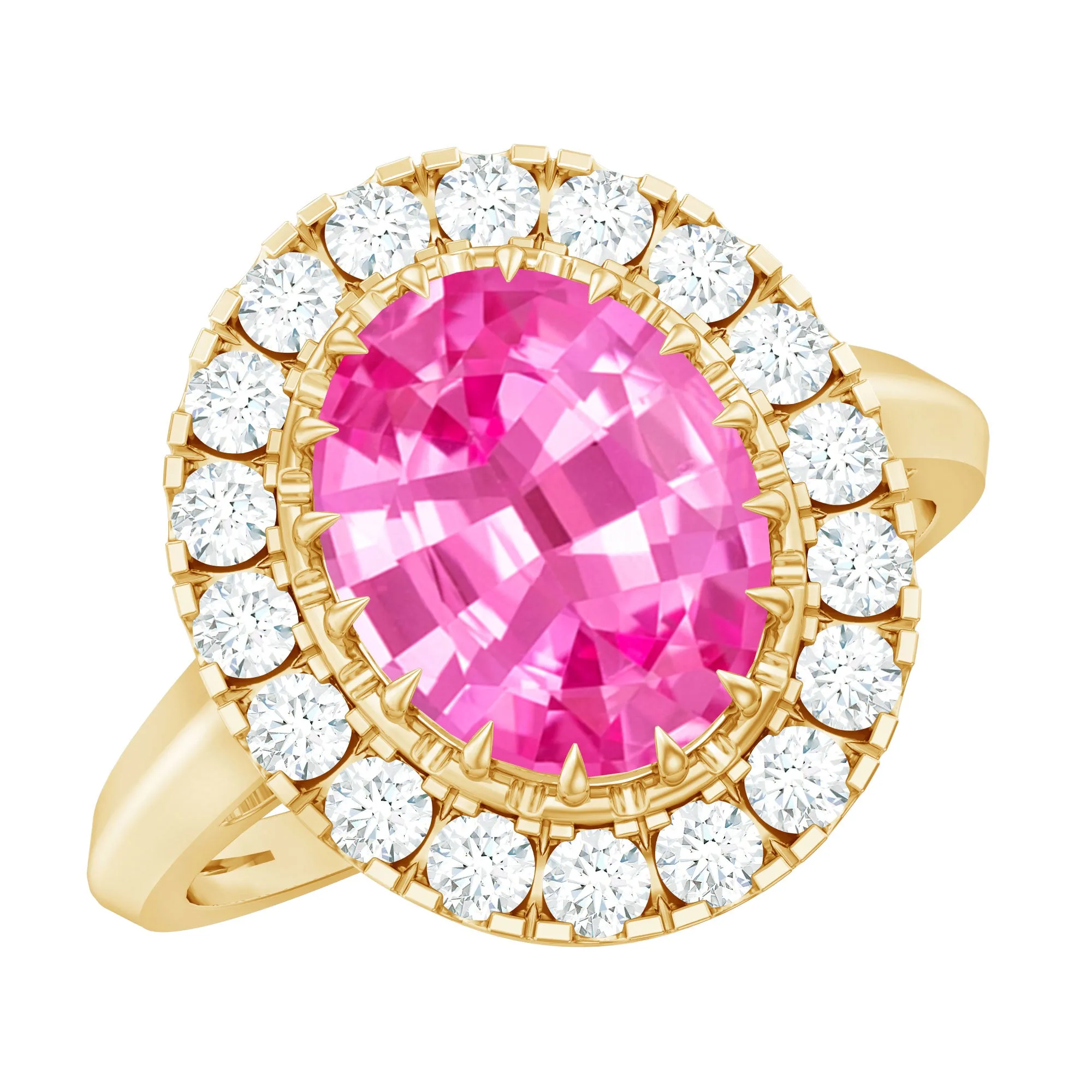 Oval Lab Grown Pink Sapphire Vintage Style Ring with Moissanite Halo