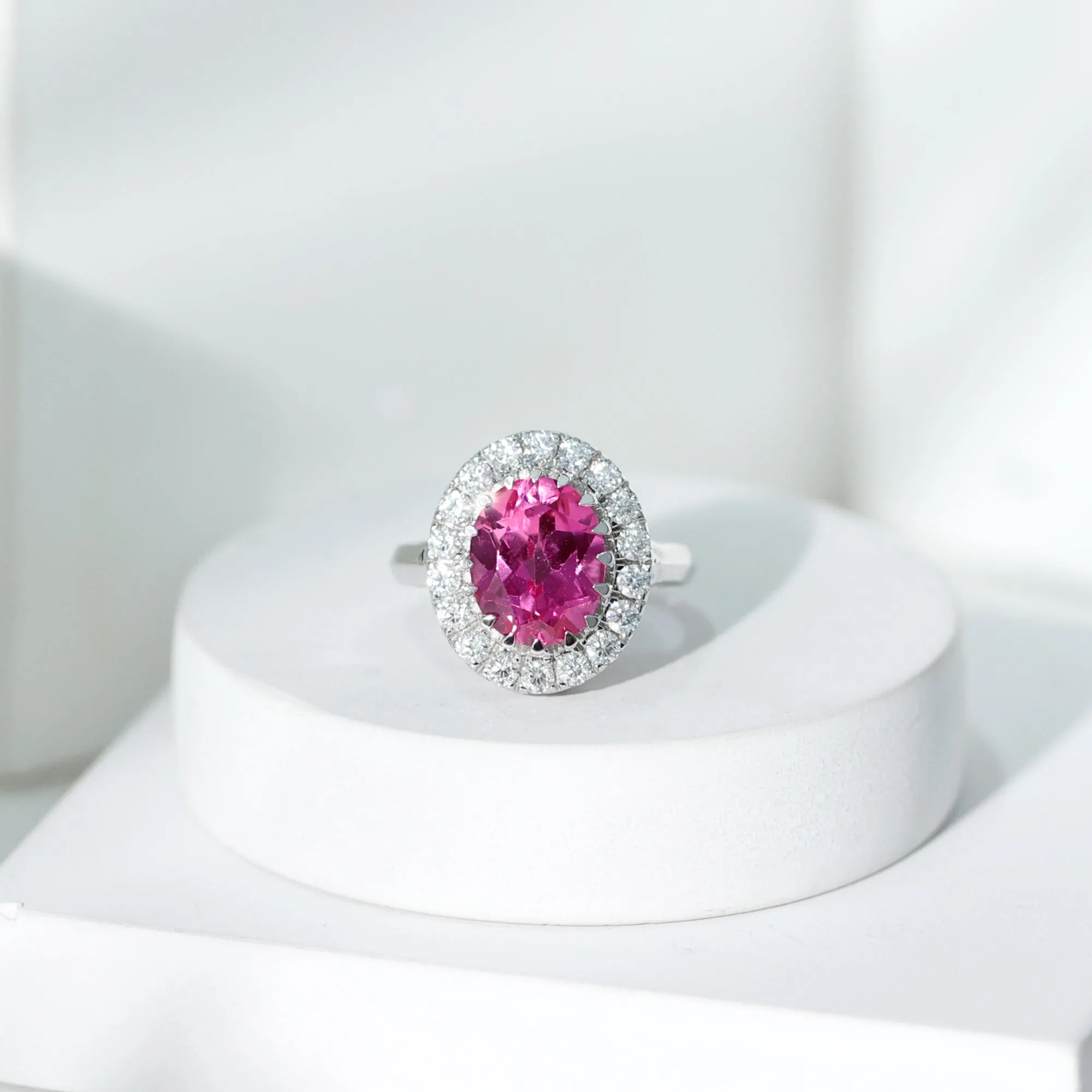 Oval Lab Grown Pink Sapphire Vintage Style Ring with Moissanite Halo