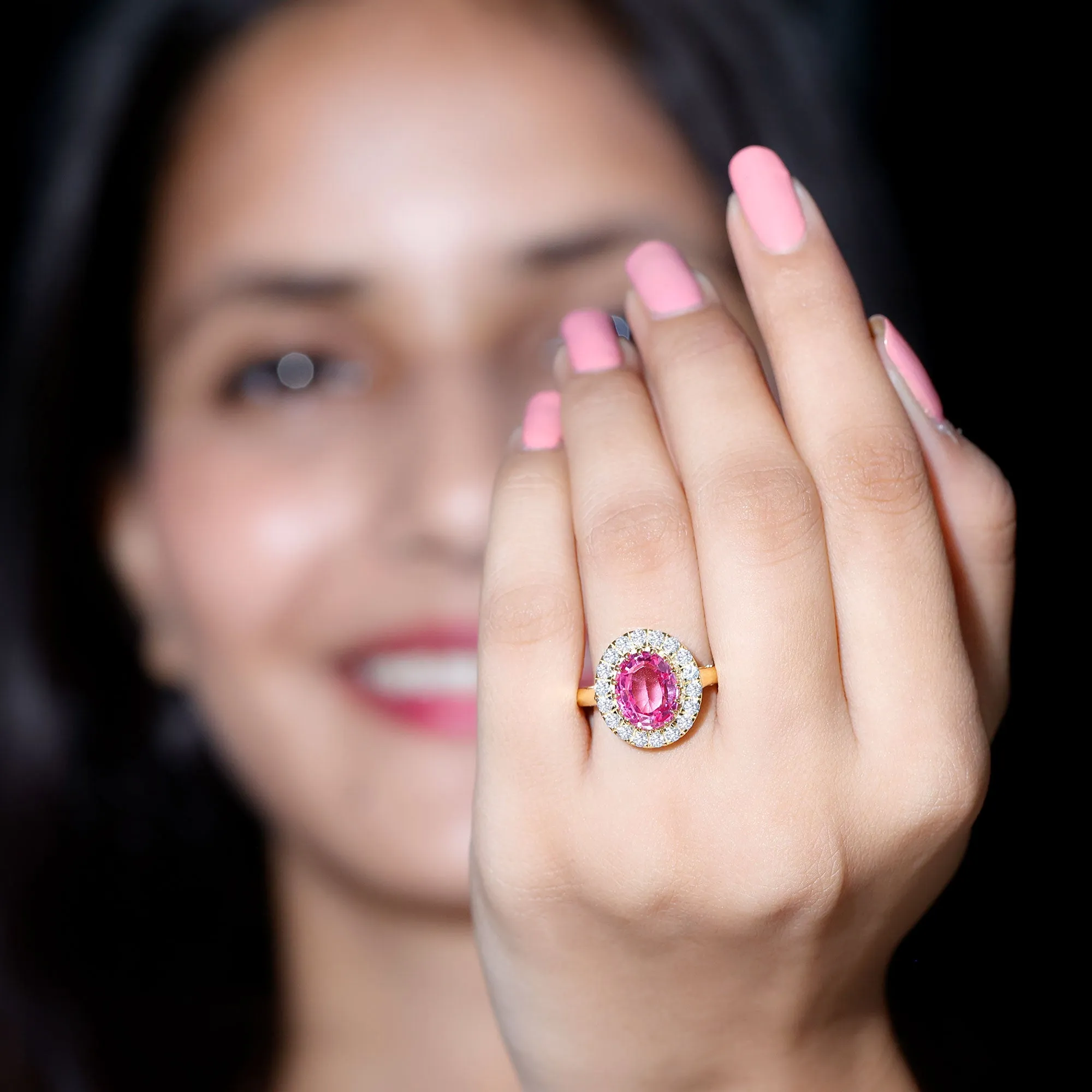 Oval Lab Grown Pink Sapphire Vintage Style Ring with Moissanite Halo